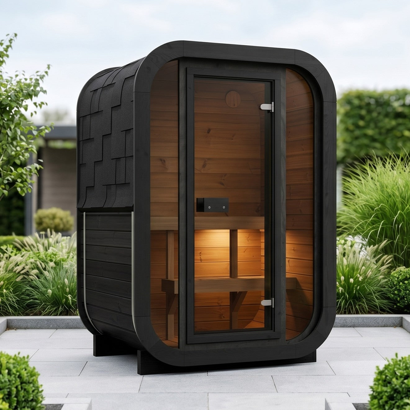2-osobowa zewnętrzna premium sauna z termodrewna w zestawie - SKOG Black Edition | Dom i Ogród | Zawiera piec Harvia, oświetlenie LED i ochronę SupiOil