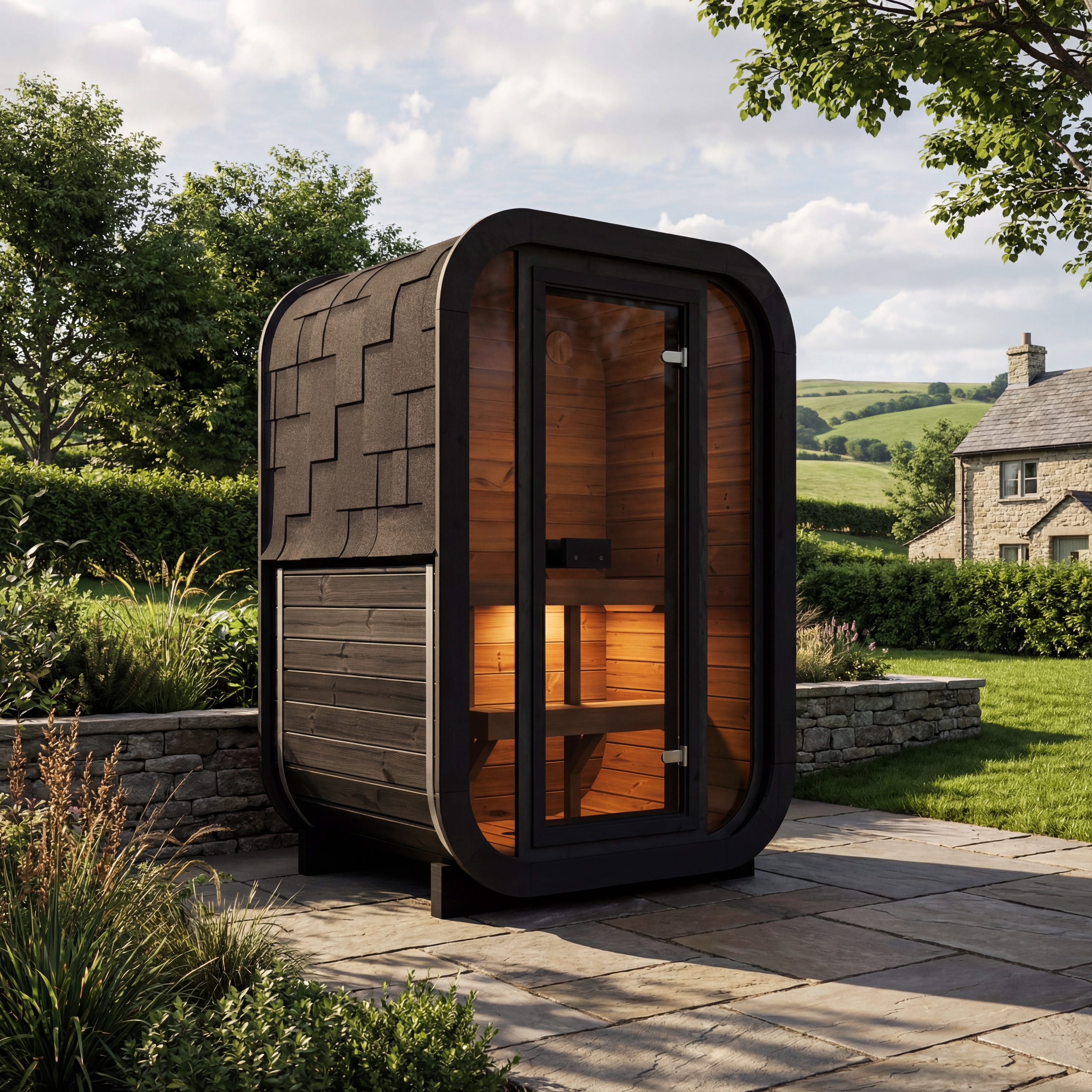 2-osobowa zewnętrzna premium sauna z termodrewna w zestawie - SKOG Black Edition | Dom i Ogród | Zawiera piec Harvia, oświetlenie LED i ochronę SupiOil