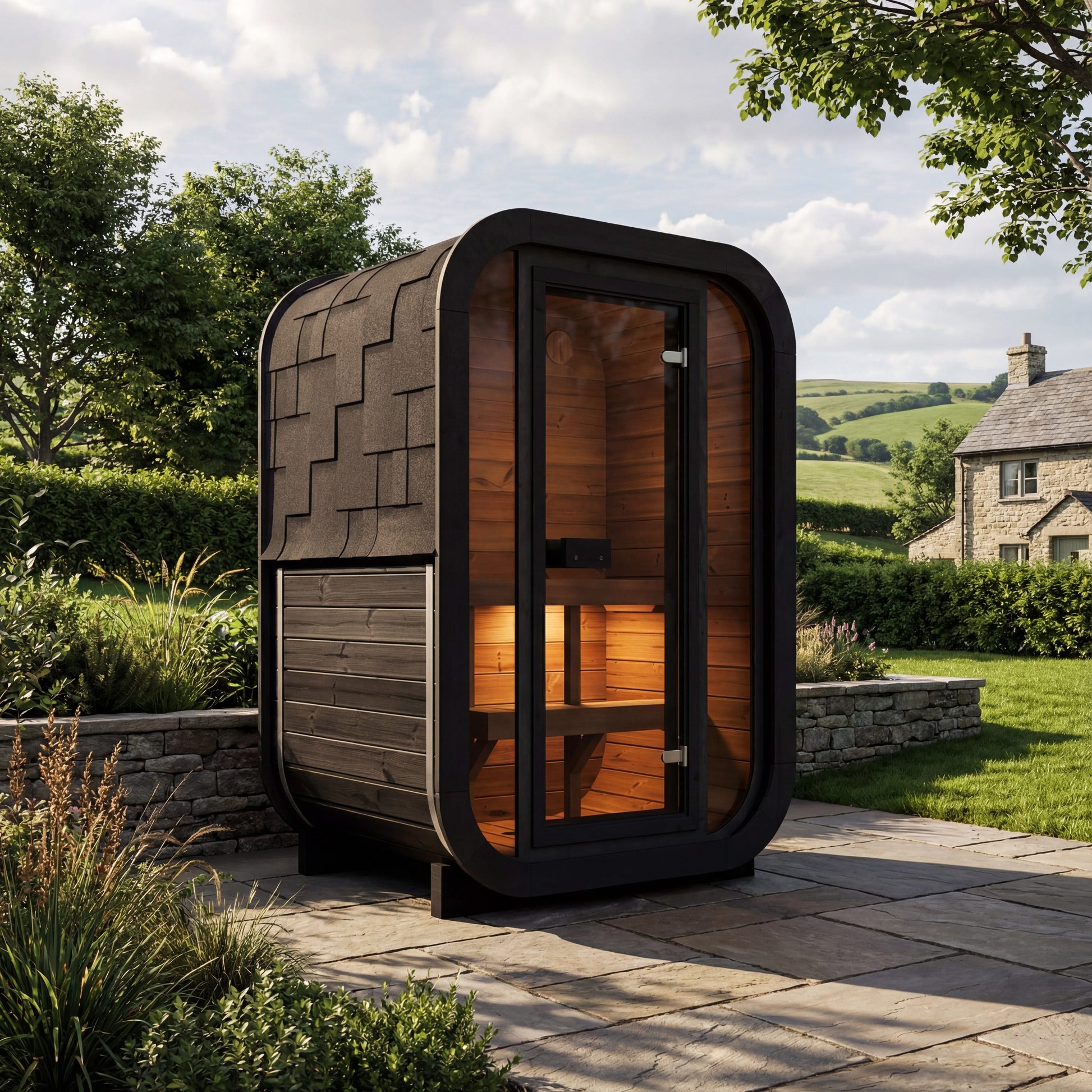 2-osobowa zewnętrzna premium sauna z termodrewna w zestawie - SKOG Black Edition | Dom i Ogród | Zawiera piec Harvia, oświetlenie LED i ochronę SupiOil