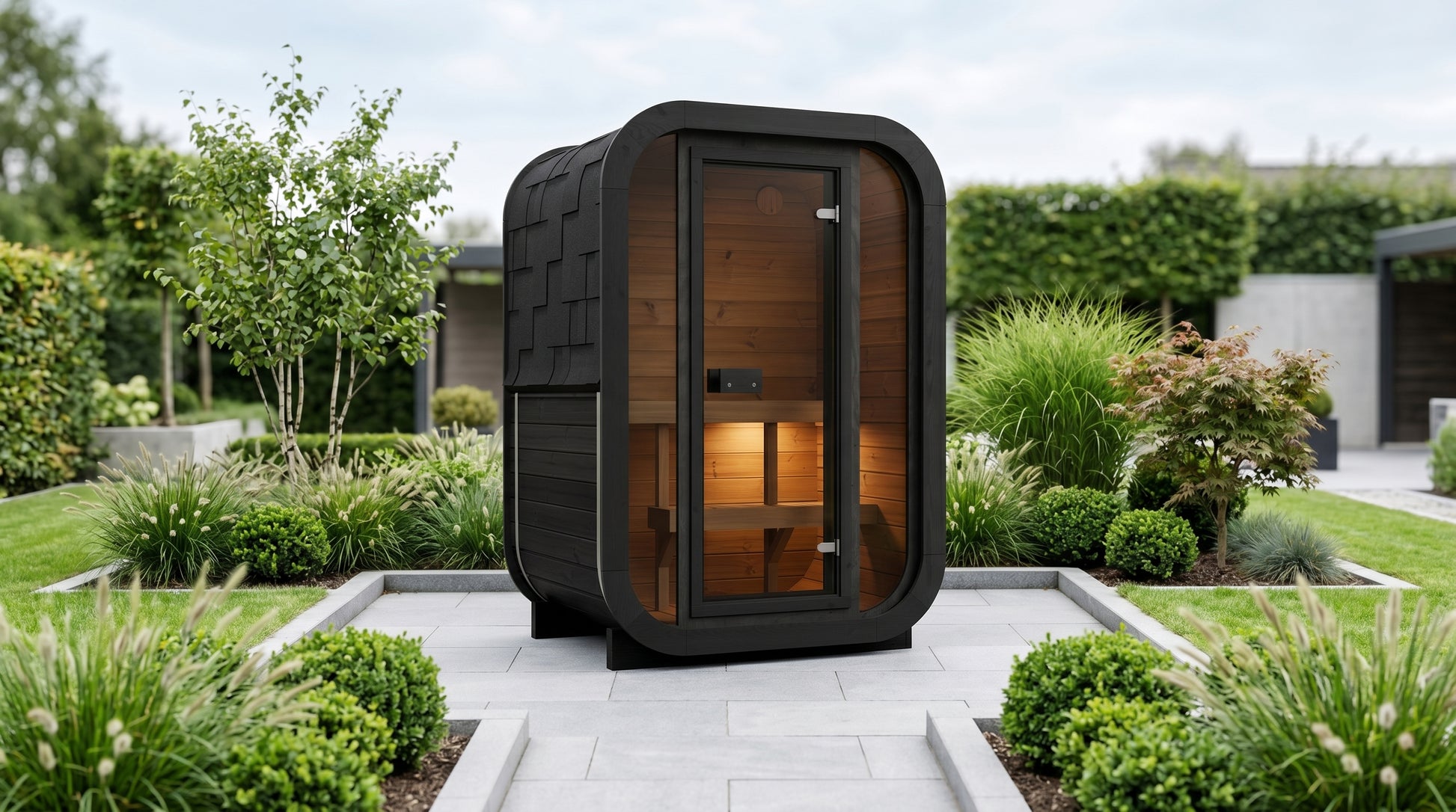 2-osobowa zewnętrzna premium sauna z termodrewna w zestawie - SKOG Black Edition | Dom i Ogród | Zawiera piec Harvia, oświetlenie LED i ochronę SupiOil