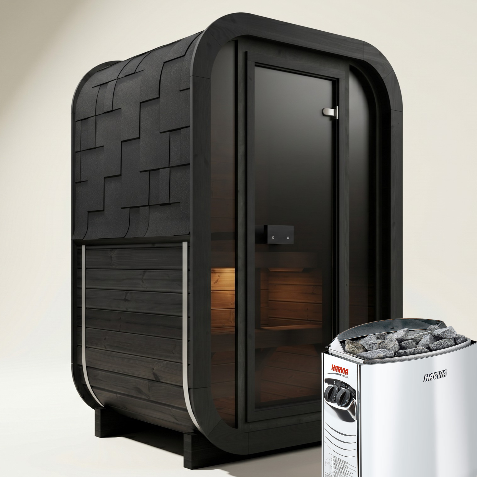 2-osobowa zewnętrzna premium sauna z termodrewna w zestawie - SKOG Black Edition | Dom i Ogród | Zawiera piec Harvia, oświetlenie LED i ochronę SupiOil