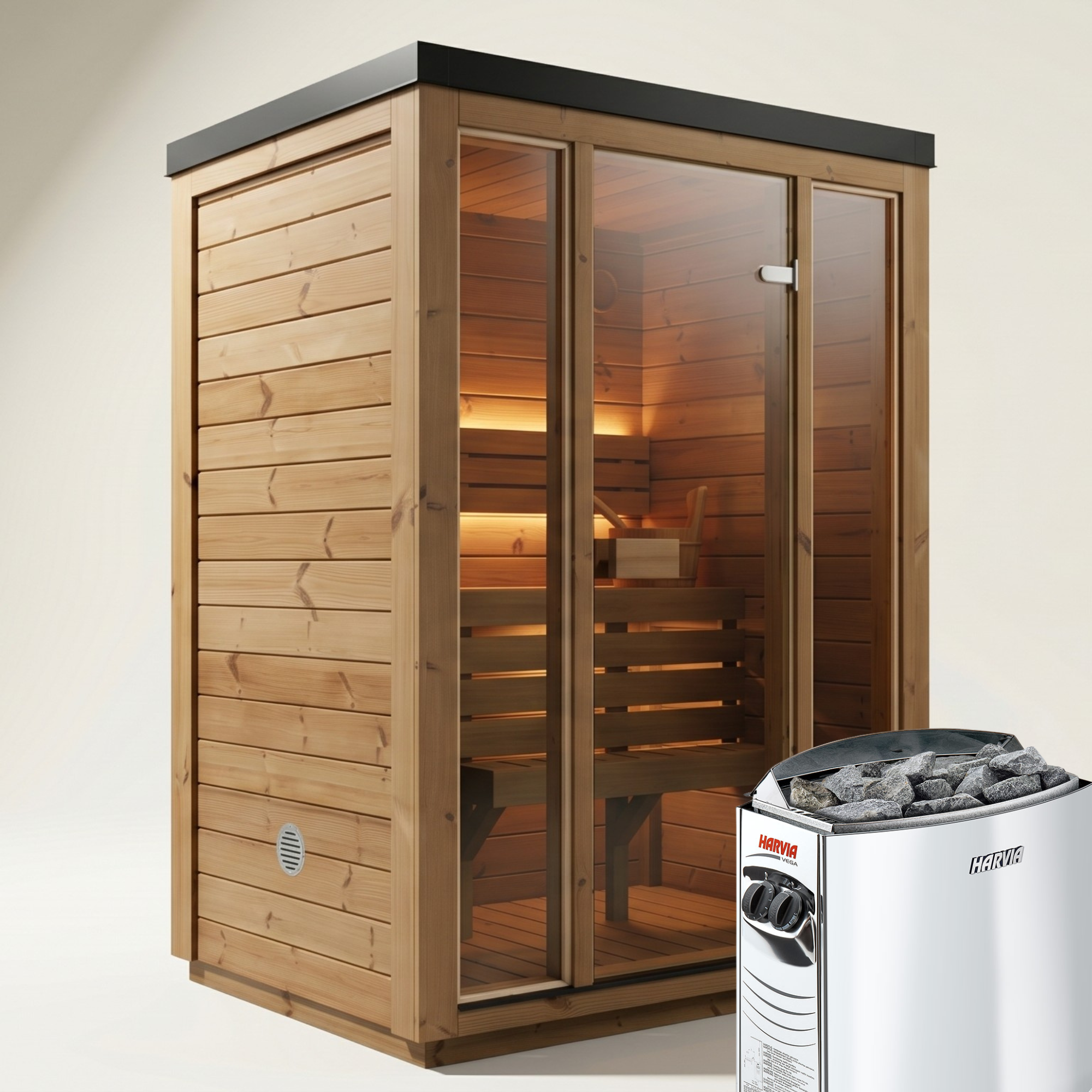 2-osobowa zewnętrzna premium sauna z termodrewna w zestawie - ELLA Compact Edition | Dom i Ogród | Zawiera piec Harvia, oświetlenie LED i ochronę SupiOil