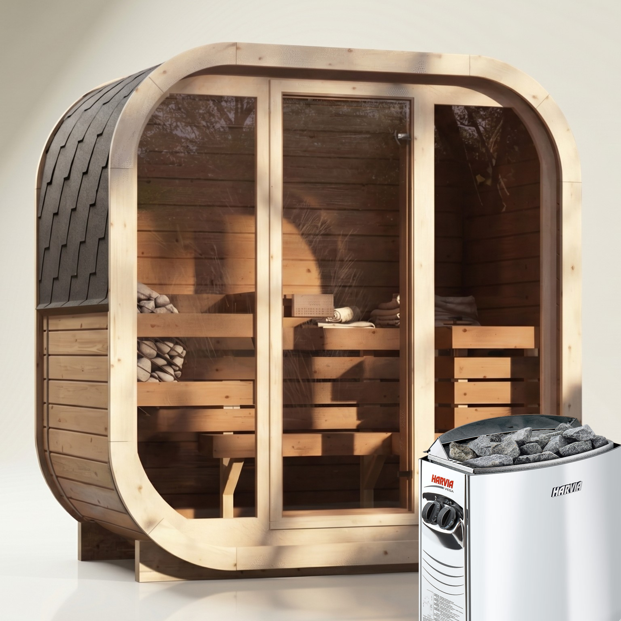 2-osobowa zewnętrzna premium sauna z drewna termicznego w zestawie - edycja SKOG | Dom i ogród | Zawiera piec Harvia, oświetlenie LED i ochronę SupiOil