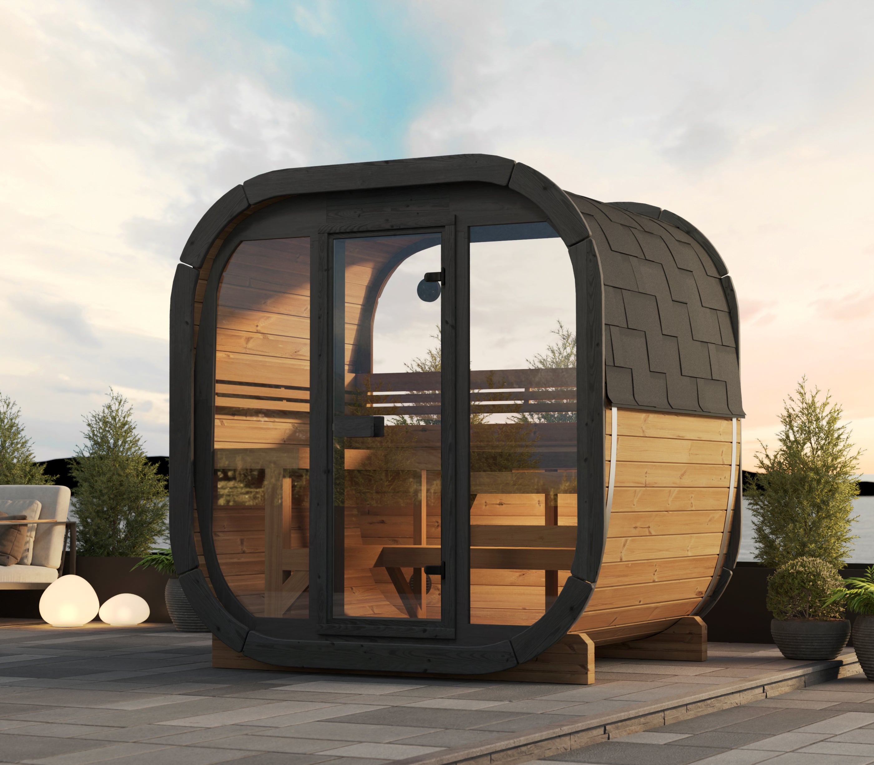 SaunaSupply EKE160 Cube Thermowood 4 Person Outdoor Sauna Black Edition - Includes Bucket, Ladle, Thermometor, SupiOil