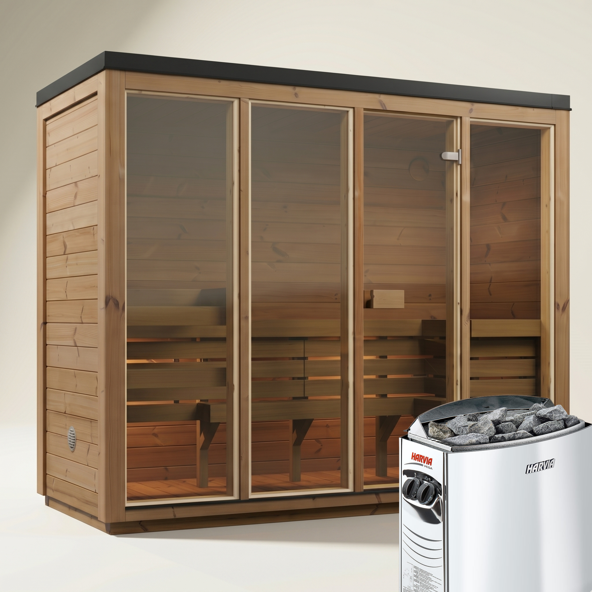4-osobowa zewnętrzna premium sauna z termodrewna w zestawie - edycja ELLA XL | Dom i Ogród | Zawiera piec Harvia, oświetlenie LED i ochronę SupiOil