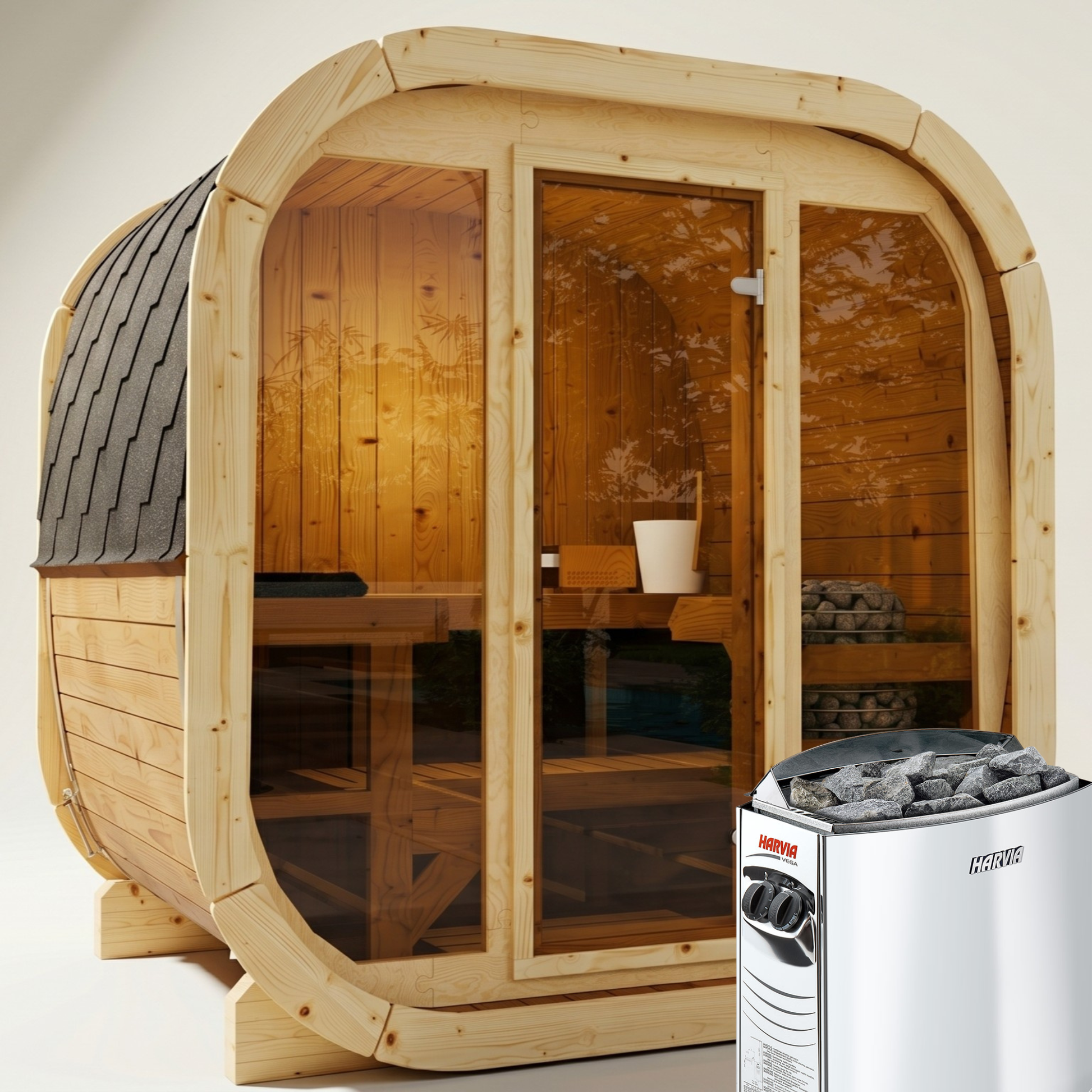 2-osobowa zewnętrzna premium sauna z drewna termicznego w zestawie - edycja SKOG | Dom i ogród | Zawiera piec Harvia, oświetlenie LED i ochronę SupiOil