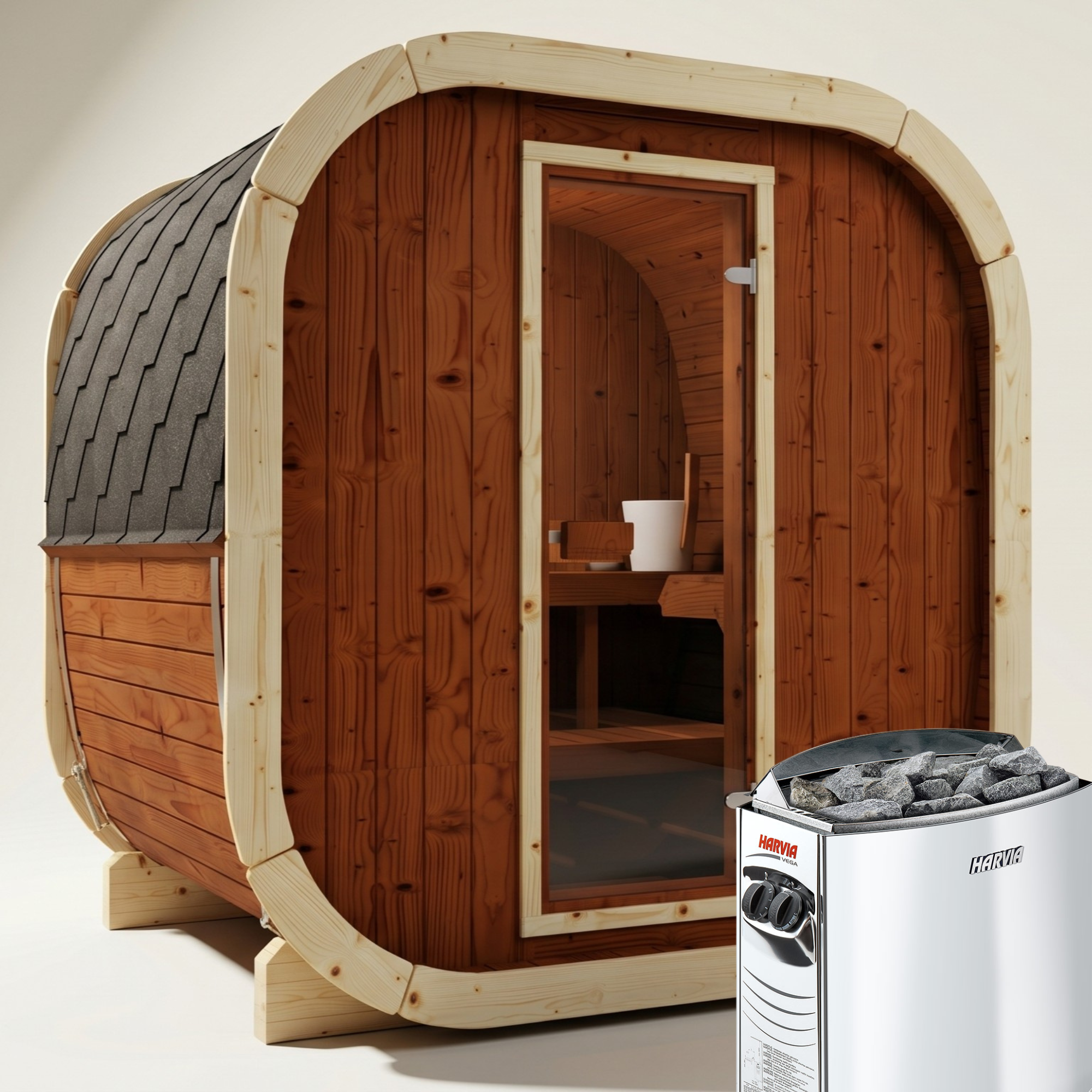 2-osobowa zewnętrzna premium sauna z drewna termicznego w zestawie - edycja SKOG | Dom i ogród | Zawiera piec Harvia, oświetlenie LED i ochronę SupiOil