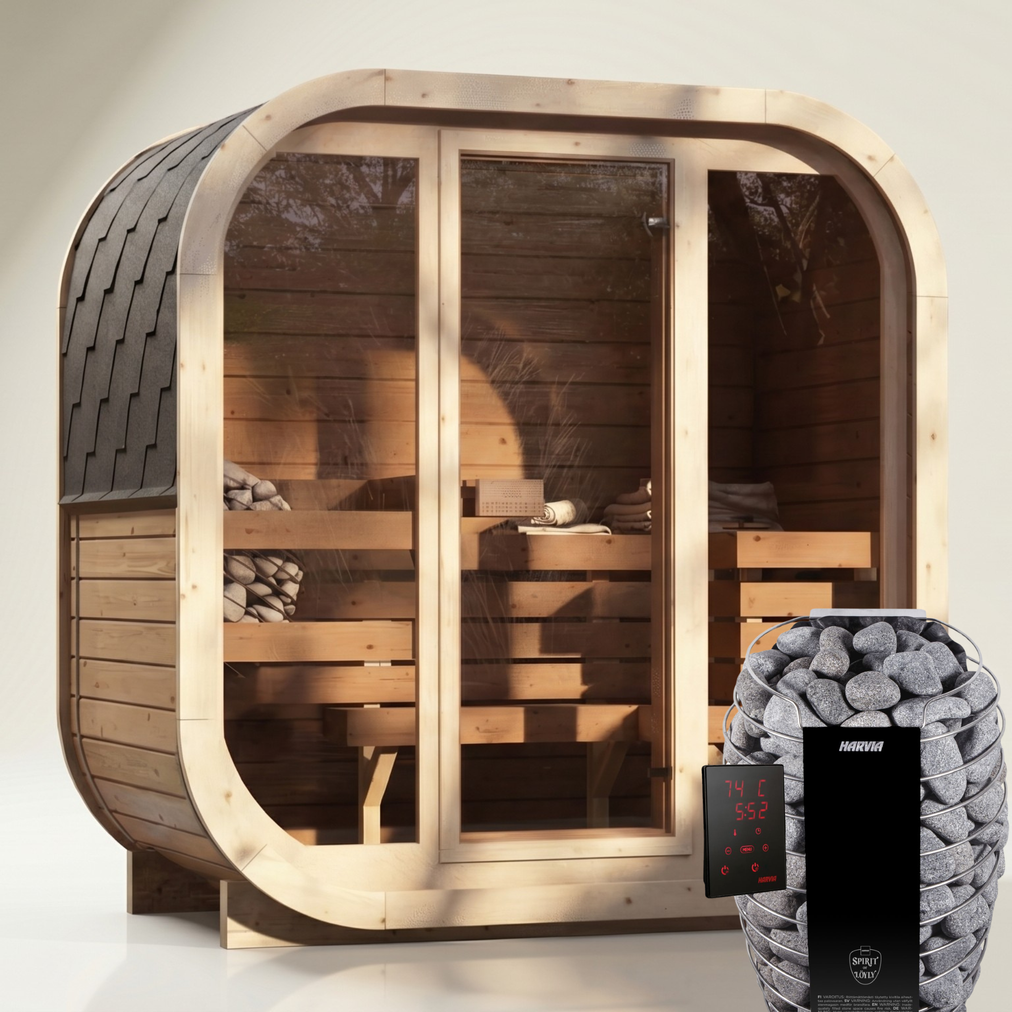Outdoor Premium Thermowood Cube Sauna Bundle - ILLI H2 Edition | Home & Garden | Includes Harvia Spirit WiFi Heater & LED Lights (2-3 Person)