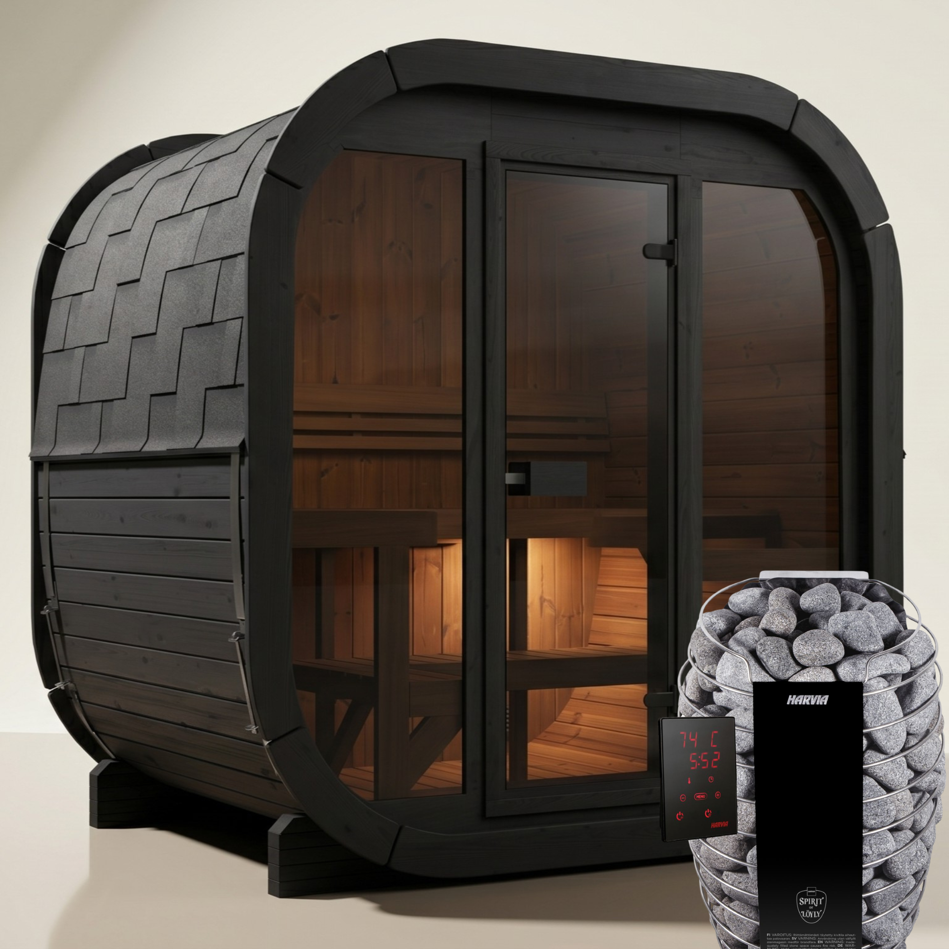Sauna Kube Premium z Thermodrewna dla 3-4 osób na zewnątrz - Edycja Czarna ALASKA | Dom i Ogród | Zawiera piec Harvia, oświetlenie LED i ochronę SupiOil
