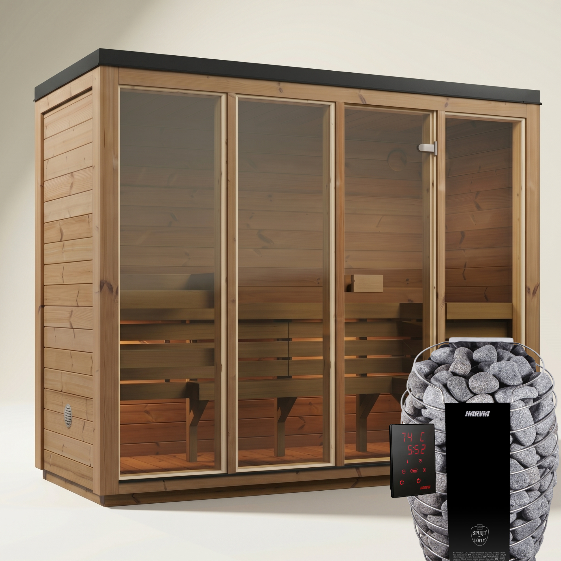 4-osobowa zewnętrzna premium sauna z termodrewna w zestawie - edycja ELLA XL | Dom i Ogród | Zawiera piec Harvia, oświetlenie LED i ochronę SupiOil