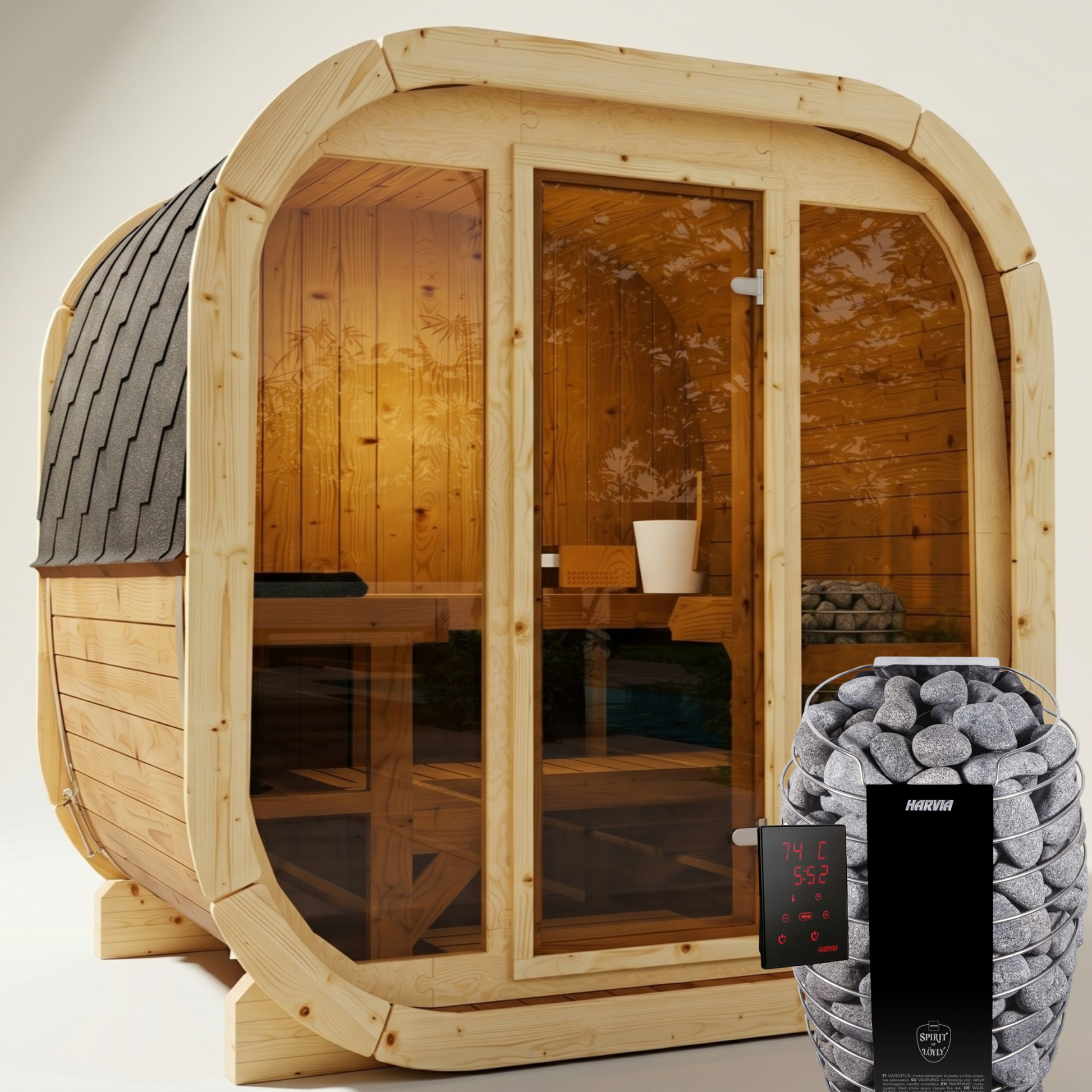 Outdoor Premium Thermowood Cube Sauna Bundle - ALASKA 130 Glass Front Edition | Home & Garden | Includes Harvia Spirit WiFi Heater & LED Lights (4-Person)