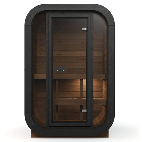 2 Person Outdoor Premium Thermowood Cube Sauna Bundle - SKOG Edition | Home & Garden | Includes Harvia Spirit WiFi Heater, LED Lights, Mirrored Glass Front