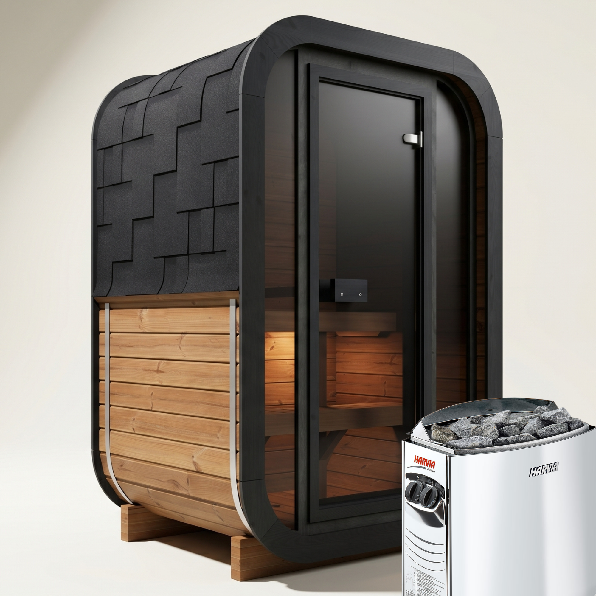 2-osobowa zewnętrzna premium sauna z drewna termicznego w zestawie - edycja SKOG | Dom i ogród | Zawiera piec Harvia, oświetlenie LED i ochronę SupiOil