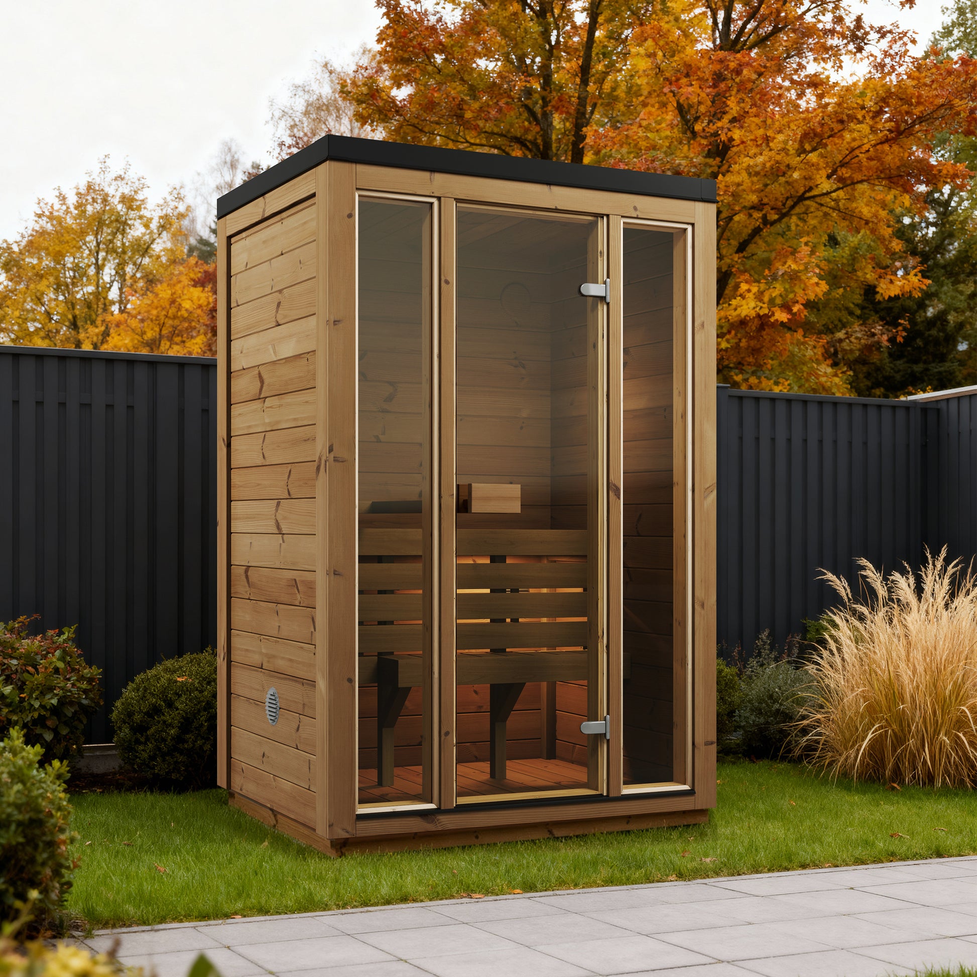 SaunaSupply ILLI Cube Thermowood 2 Person Outdoor Sauna - Includes Bucket, Ladle, Thermometor, SupiOil