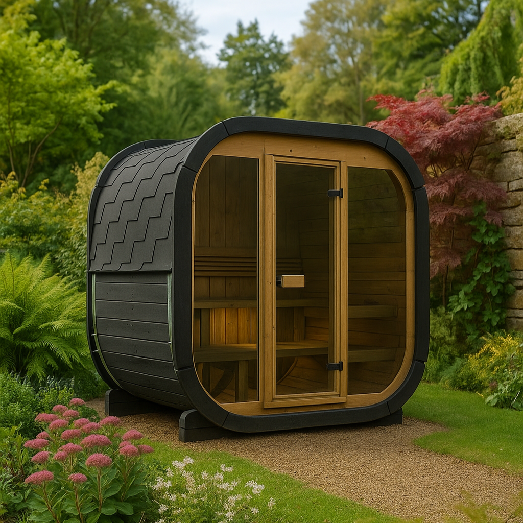 SaunaSupply EKE160 Cube Thermowood 4 Person Outdoor Sauna Black Edition - Includes Bucket, Ladle, Thermometor, SupiOil