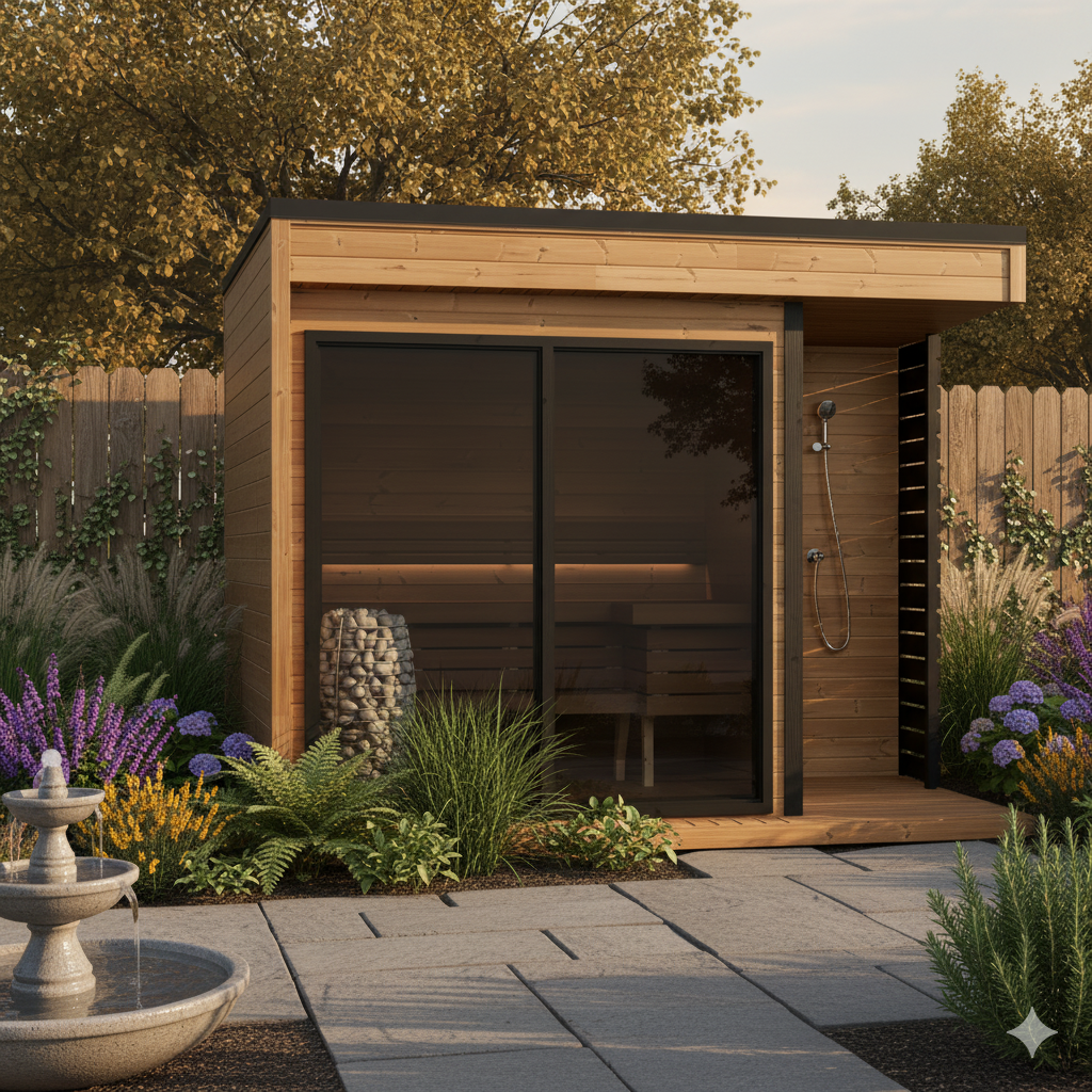 SaunaSupply AAPO Thermowood Outdoor Sauna & Shower (with roofing material) - 4 Person