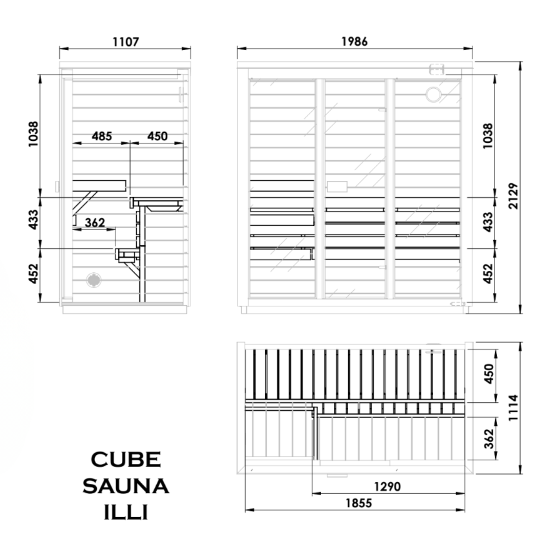 SaunaSupply ILLI Cube II Thermowood 3 Person Outdoor Sauna - Includes Bucket, Ladle, Thermometor, SupiOil
