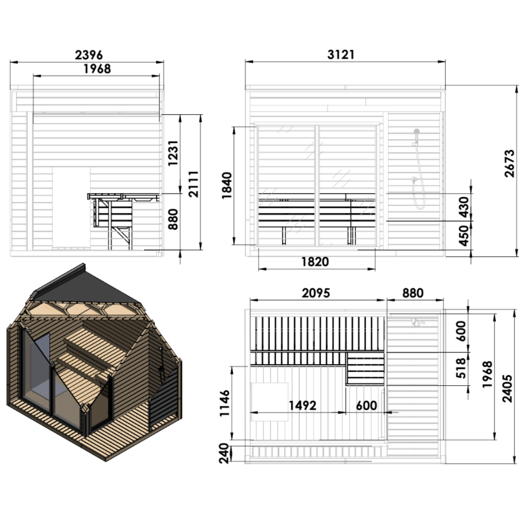 SaunaSupply AAPO Thermowood 4 Person Outdoor Sauna & Shower - Includes Bucket, Ladle, Thermometor, SupiOil