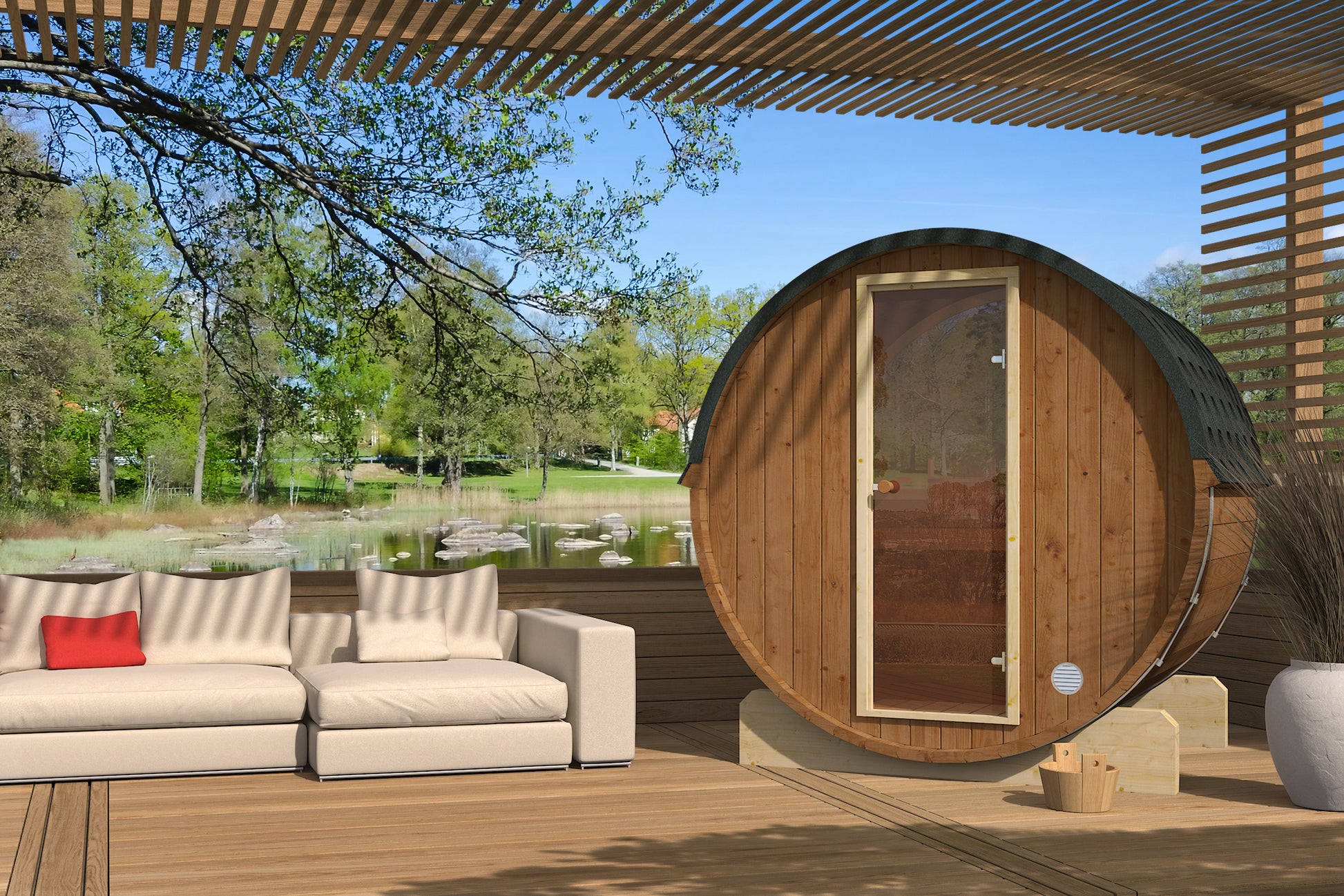 SaunaSupply EDA 160 Thermowood Outdoor Barrel Sauna - 4 Person