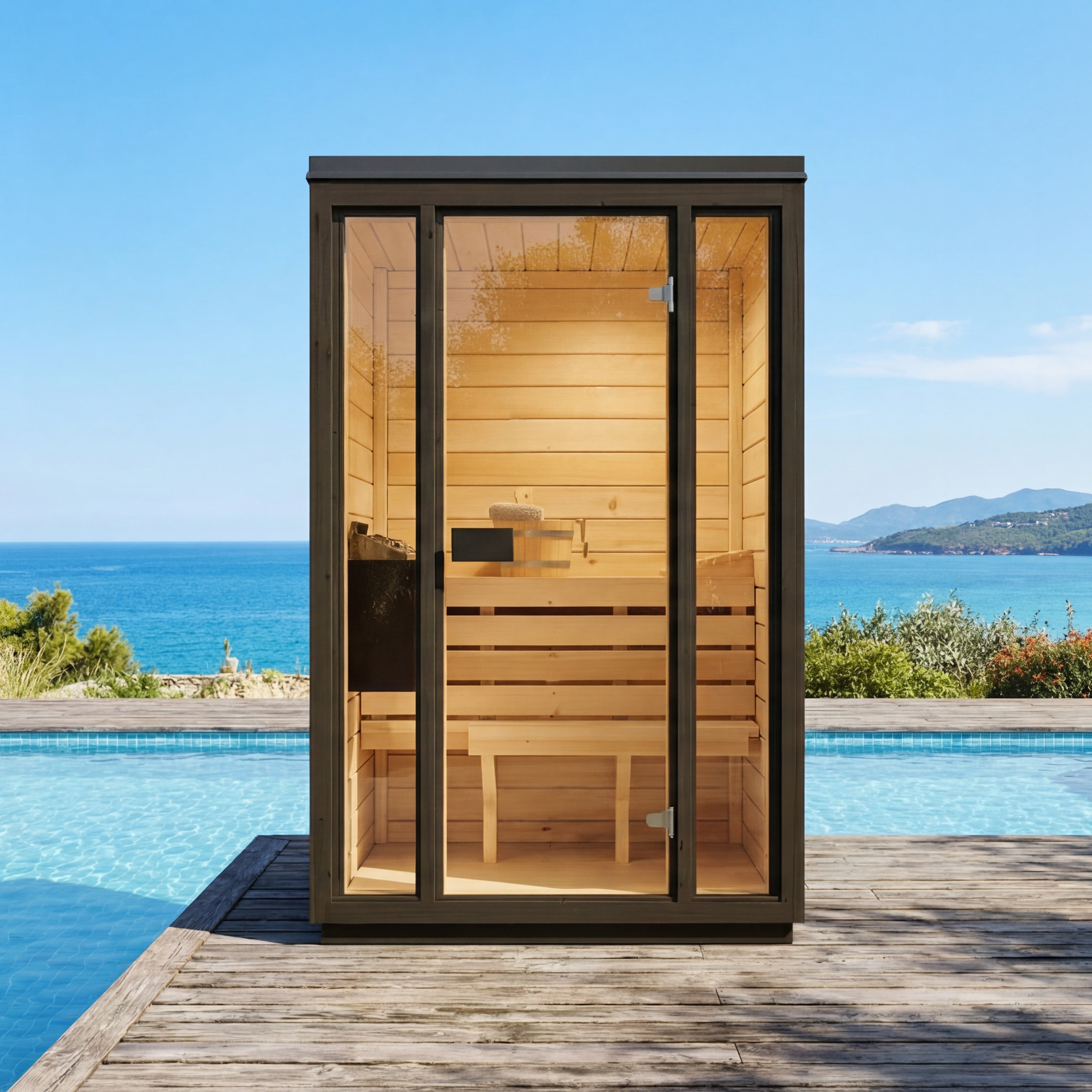 SaunaSupply 1-2 Person Outdoor Thermowood Cube Sauna - ELLA Compact Black Edition | Includes Heater & Accessories