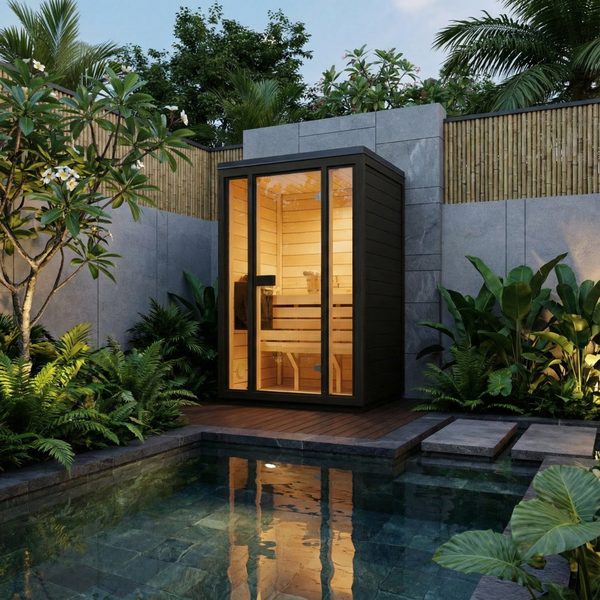 SaunaSupply 1-2 Person Outdoor Thermowood Cube Sauna - ELLA Compact Black Edition | Includes Heater & Accessories