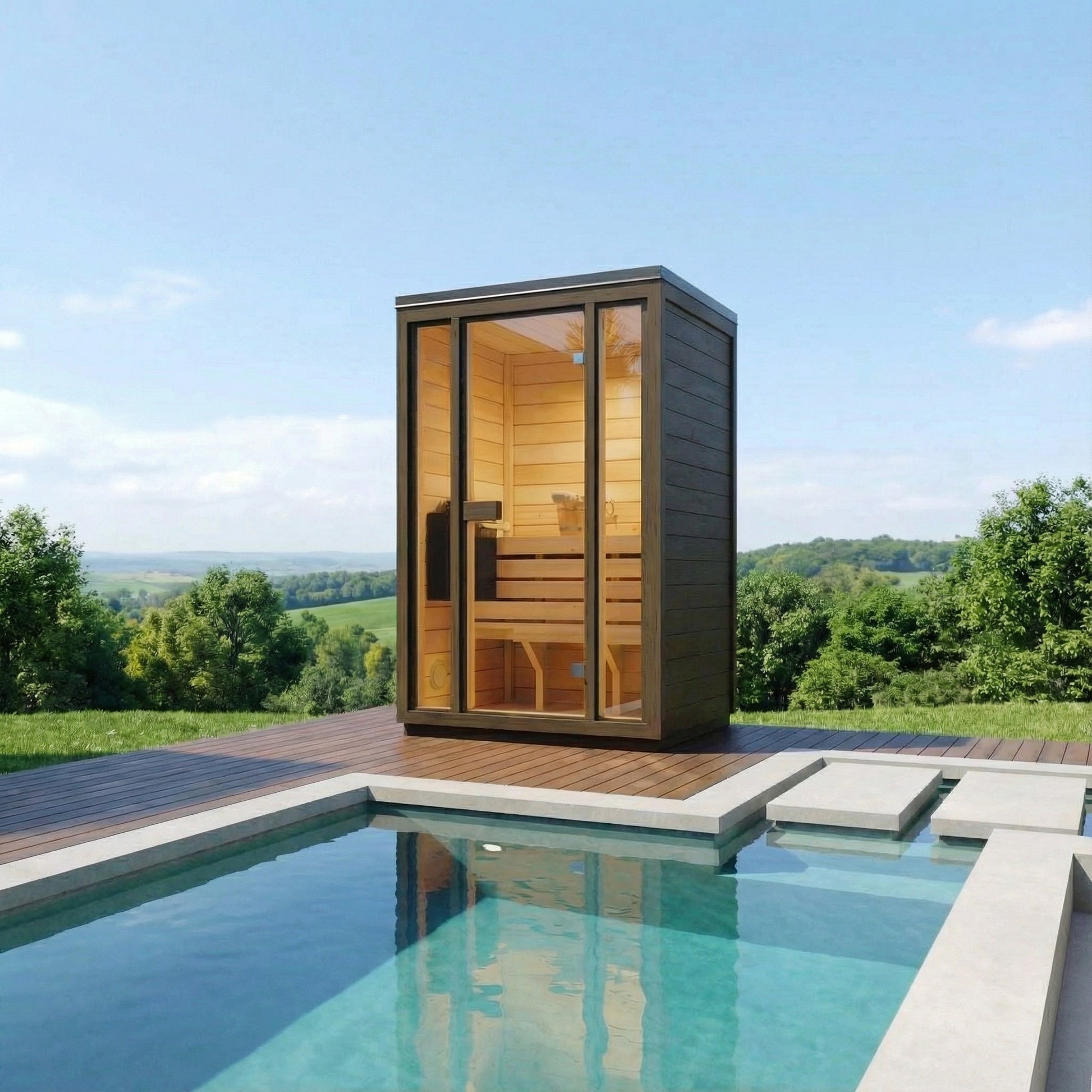 SaunaSupply 1-2 Person Outdoor Thermowood Cube Sauna - ELLA Compact Black Edition | Includes Heater & Accessories