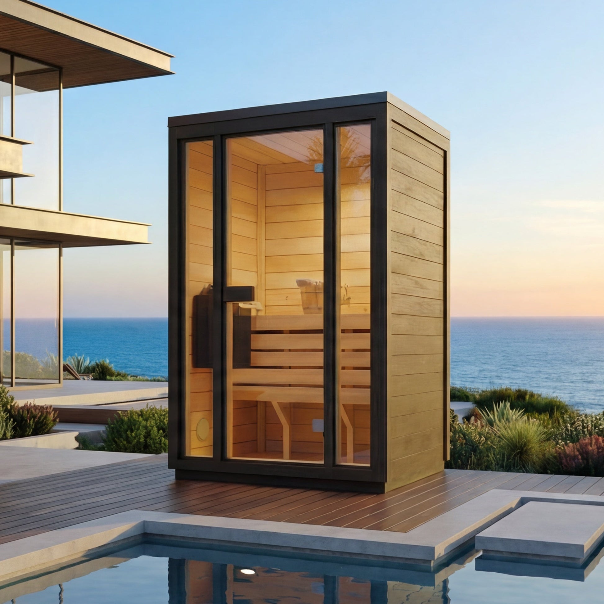 SaunaSupply 1-2 Person Outdoor Thermowood Cube Sauna - ELLA Compact Black Edition | Includes Heater & Accessories