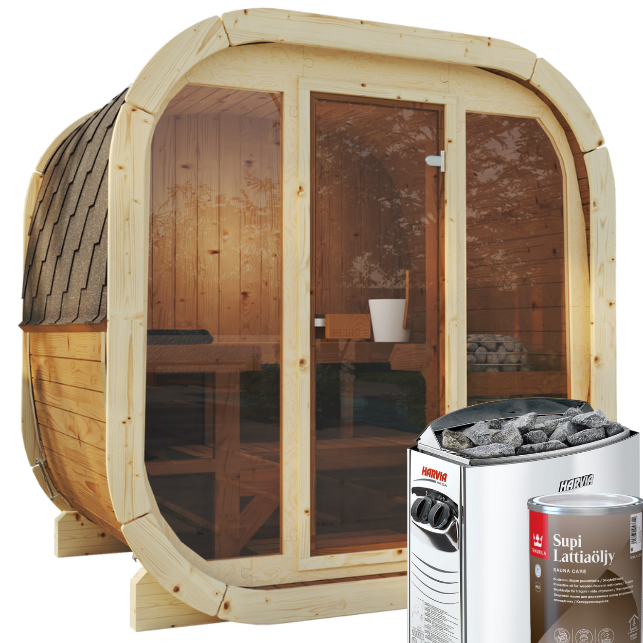 3-4 Person Outdoor Premium Thermowood Cube Sauna Bundle - ALASKA 160 Glass Front Edition | Home & Garden | Includes Harvia BC60 Heater, LED Lights & SupiOil Protection