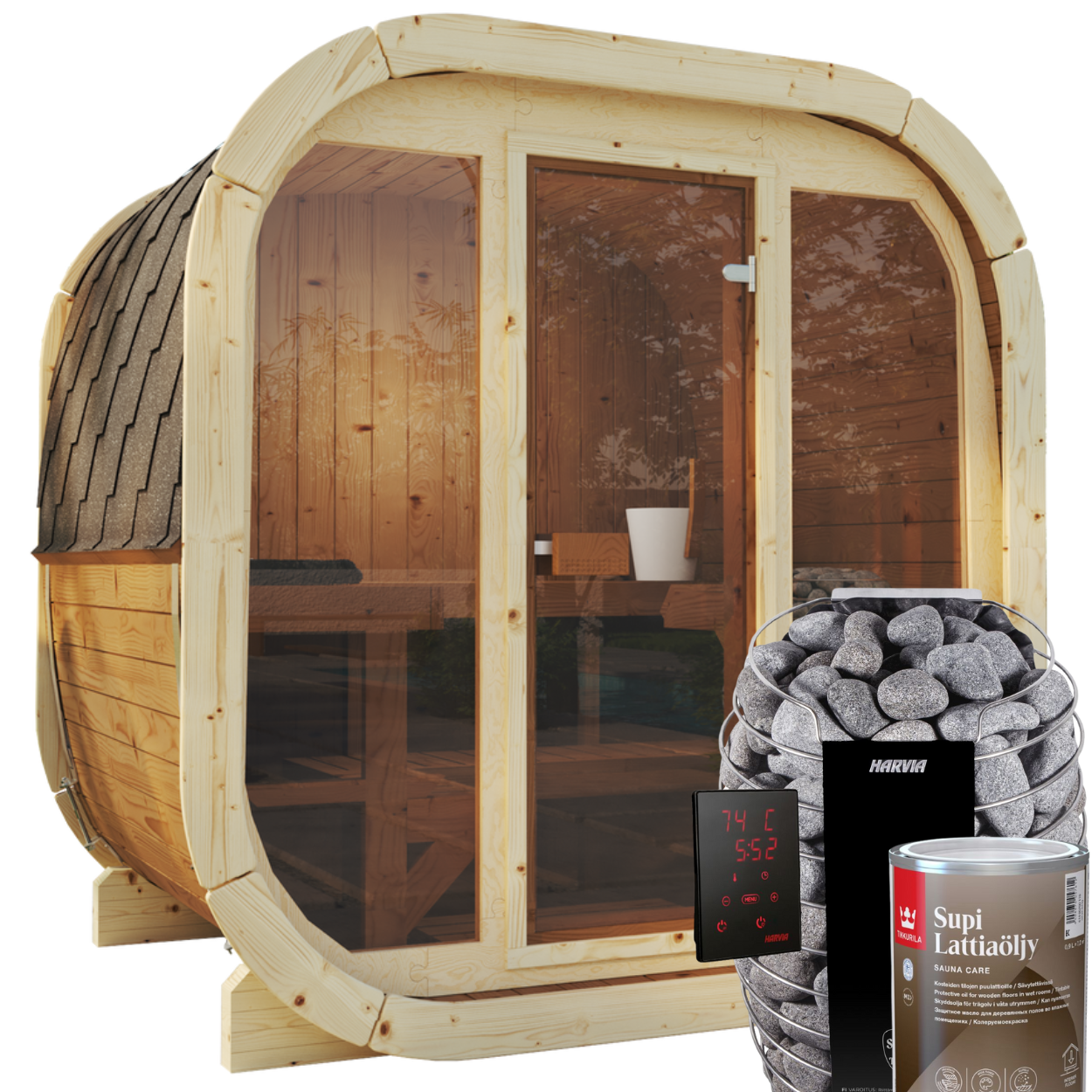 3-4 Person Outdoor Premium Thermowood Cube Sauna Bundle - ALASKA 130 Glass Front Edition | Home & Garden | Includes Harvia Spirit WiFi Heater, LED Lights & SupiOil Protection