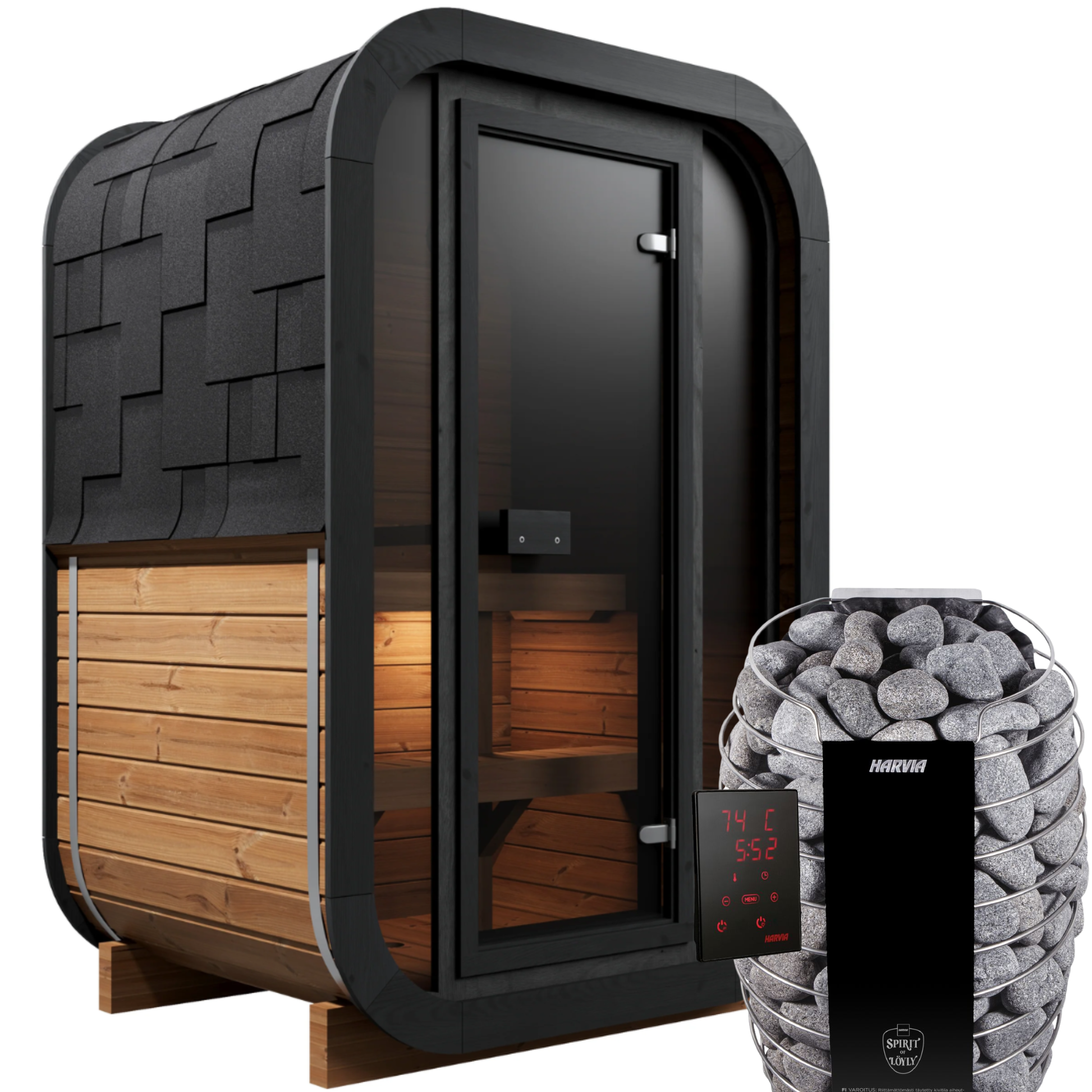 2 Person Outdoor Premium Thermowood Cube Sauna Bundle - SKOG Edition | Home & Garden | Includes Harvia Spirit WiFi Heater, LED Lights, Mirrored Glass Front