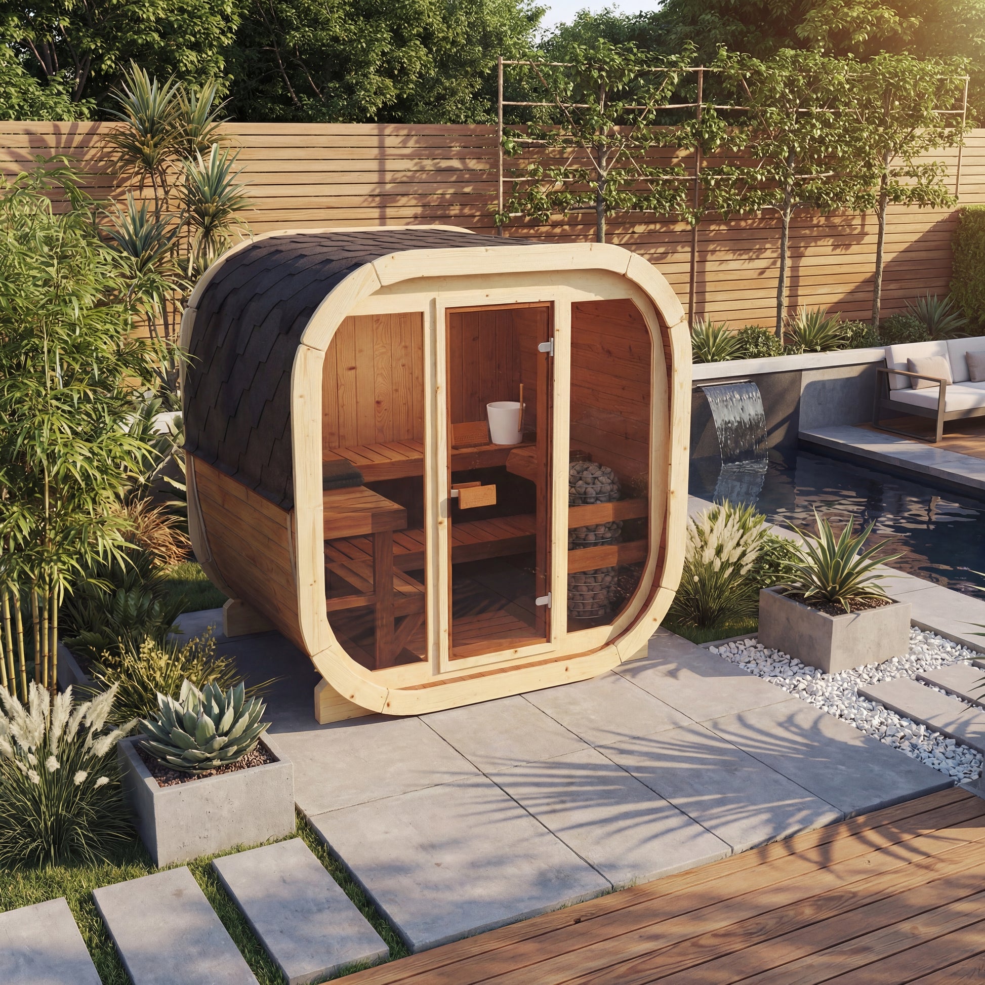 3-4 Person Outdoor Premium Thermowood Cube Sauna Bundle - ALASKA 160 Glass Front Edition | Home & Garden | Includes Harvia BC60 Heater, LED Lights & SupiOil Protection