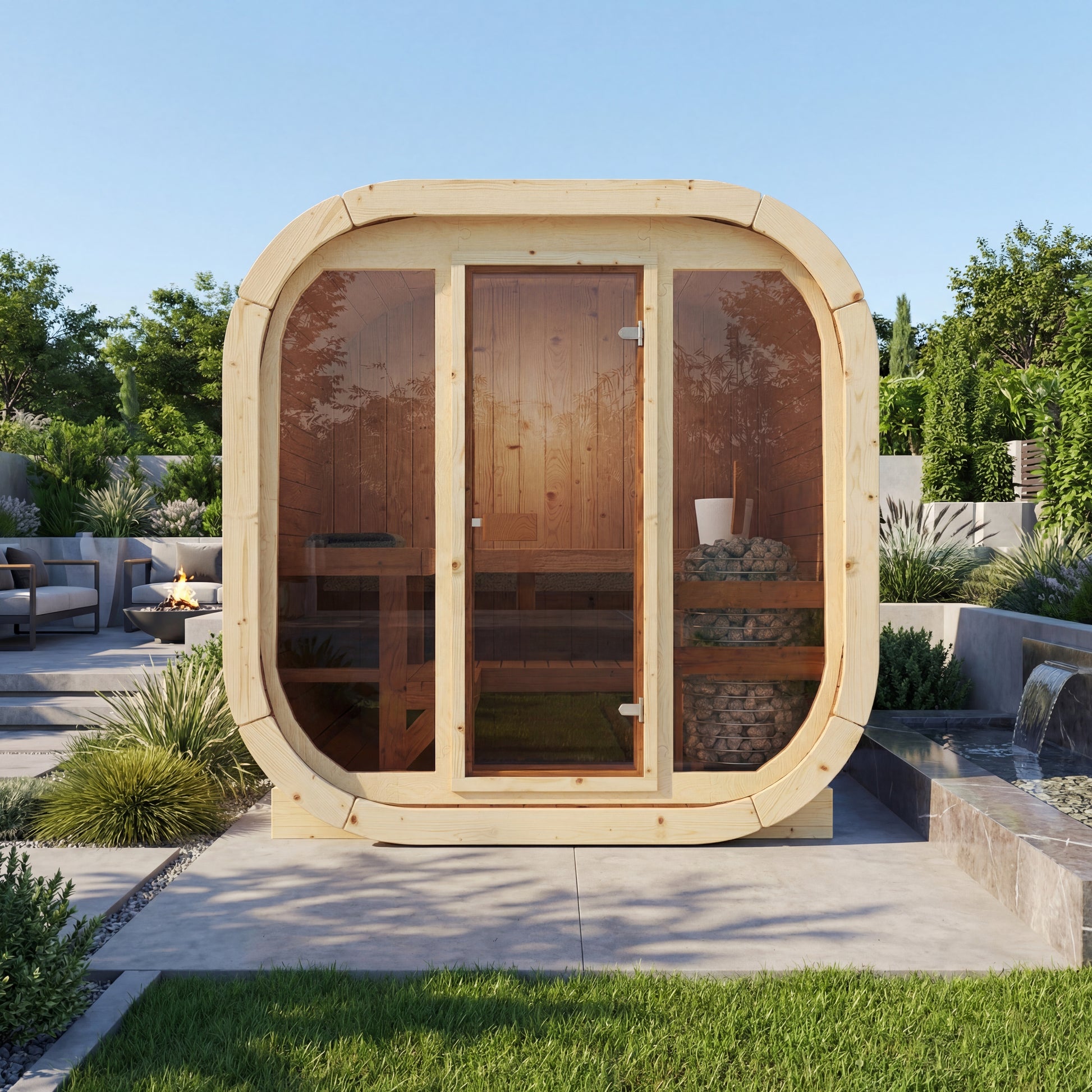3-4 Person Outdoor Premium Thermowood Cube Sauna Bundle - ALASKA 160 Glass Front Edition | Home & Garden | Includes Harvia BC60 Heater, LED Lights & SupiOil Protection