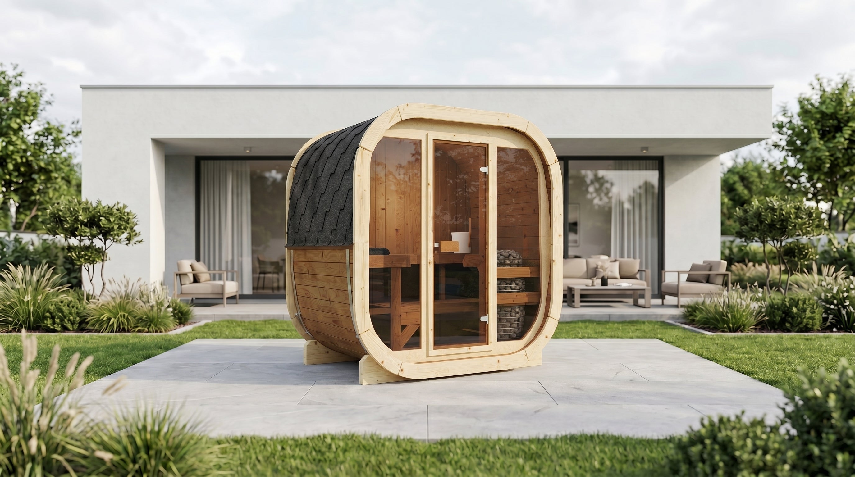 Outdoor Premium Thermowood Cube Sauna - ALASKA 160 Glass Front Edition | Home & Garden (4-Person)