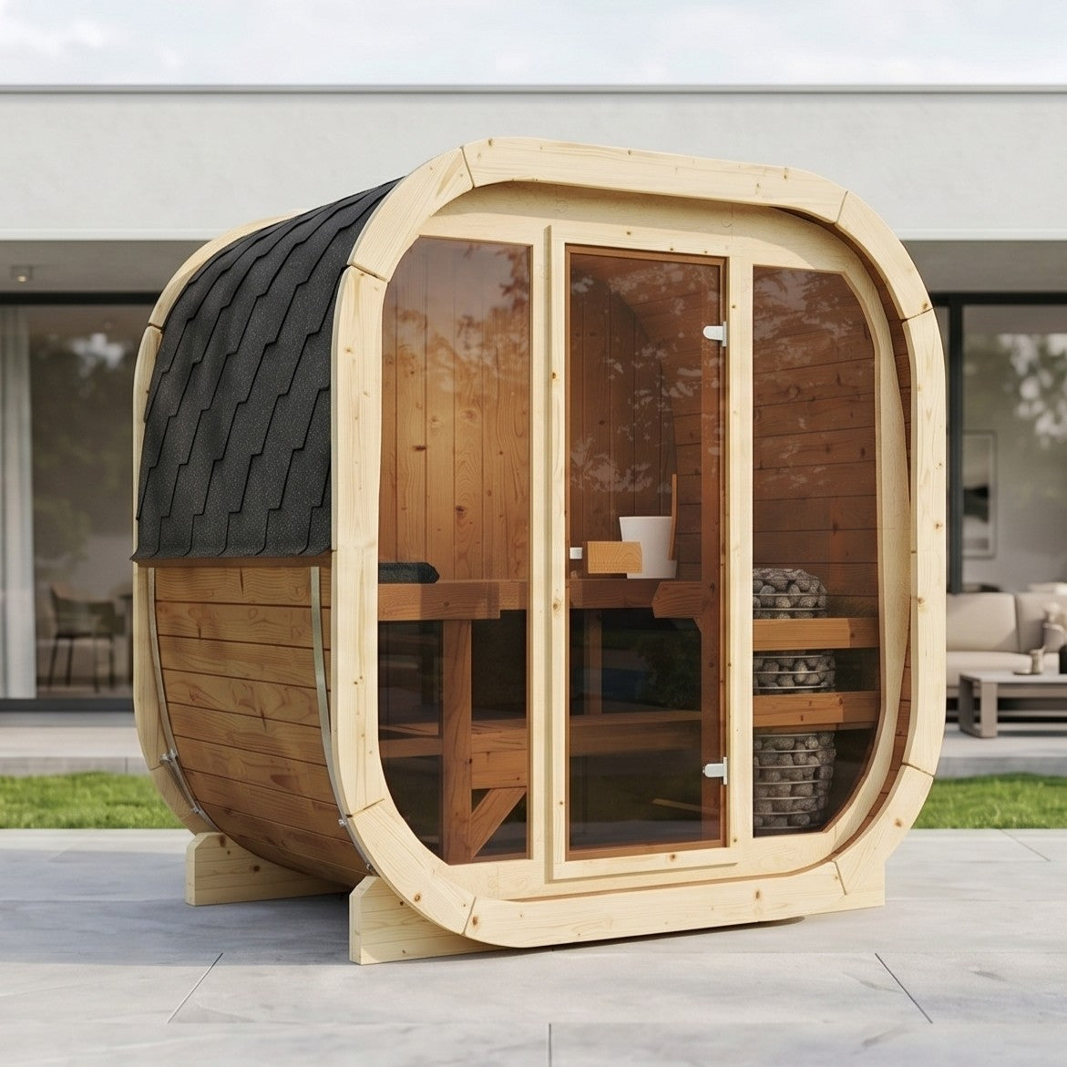 Outdoor Premium Thermowood Cube Sauna - ALASKA 160 Glass Front Edition | Home & Garden (4-Person)