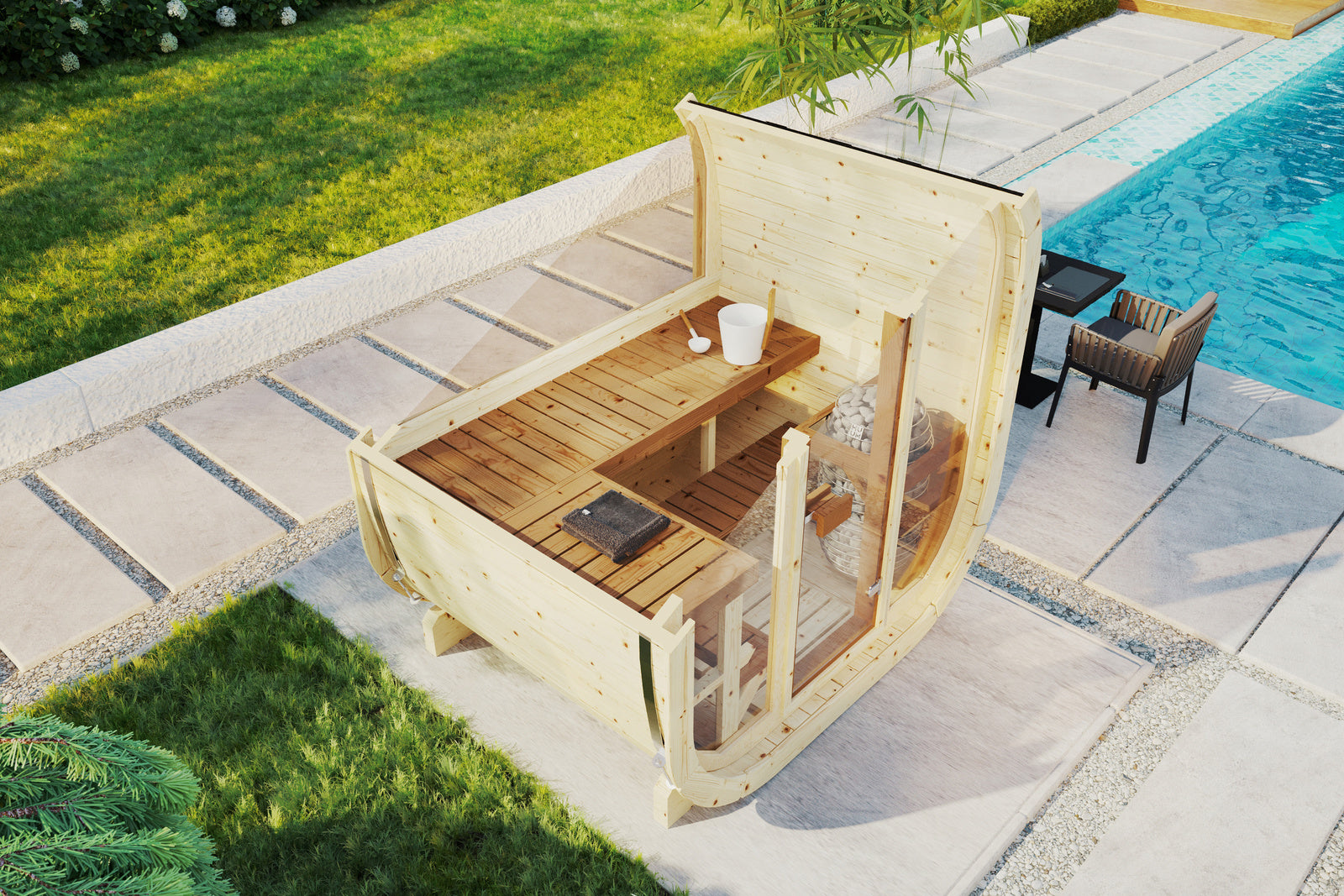 SaunaSupply EKE130 Cube Thermowood 4 Person Outdoor Sauna - Includes Bucket, Ladle, Thermometor, SupiOil
