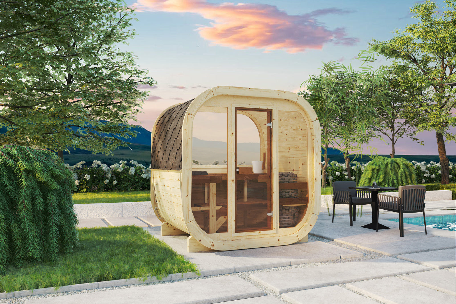 SaunaSupply EKE130 Cube Thermowood 4 Person Outdoor Sauna - Includes Bucket, Ladle, Thermometor, SupiOil