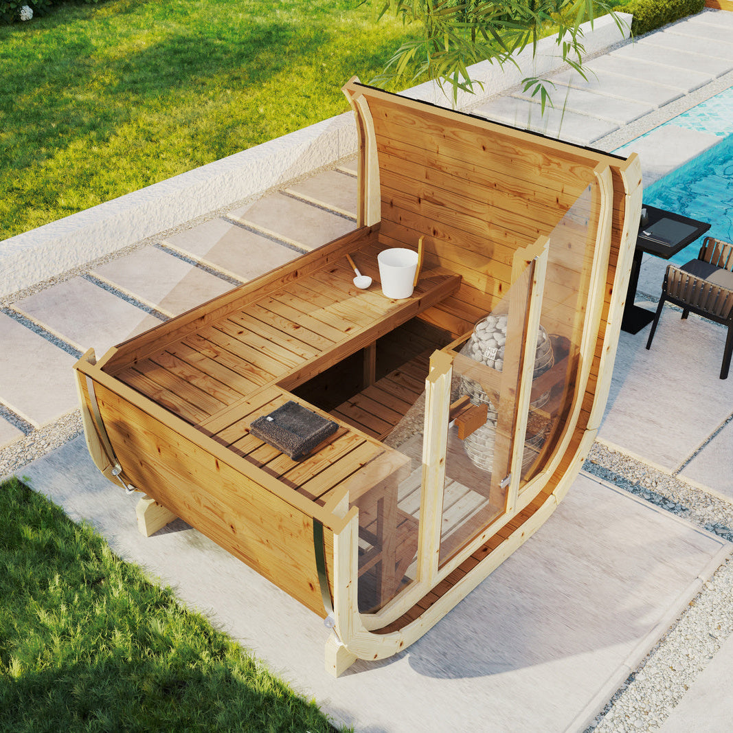 3-4 Person Outdoor Premium Thermowood Cube Sauna Bundle - ALASKA 160 Glass Front Edition | Home & Garden | Includes Harvia BC60 Heater, LED Lights & SupiOil Protection