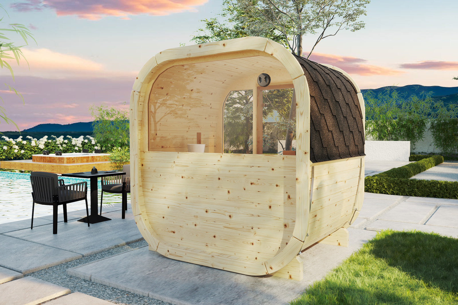 SaunaSupply EKE130 Cube Thermowood 4 Person Outdoor Sauna - Includes Bucket, Ladle, Thermometor, SupiOil