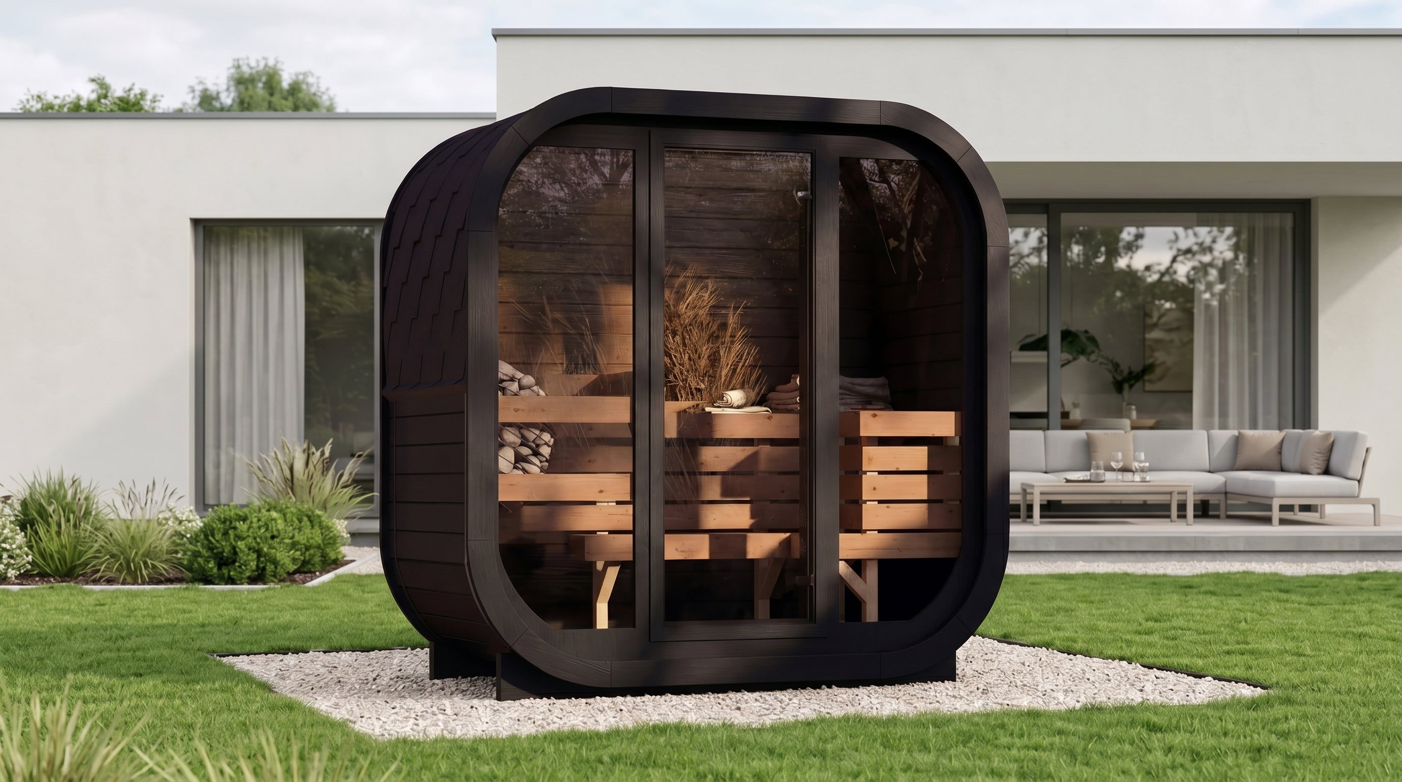 2-osobowa zewnętrzna premium sauna z drewna termicznego w zestawie - edycja SKOG | Dom i ogród | Zawiera piec Harvia, oświetlenie LED i ochronę SupiOil