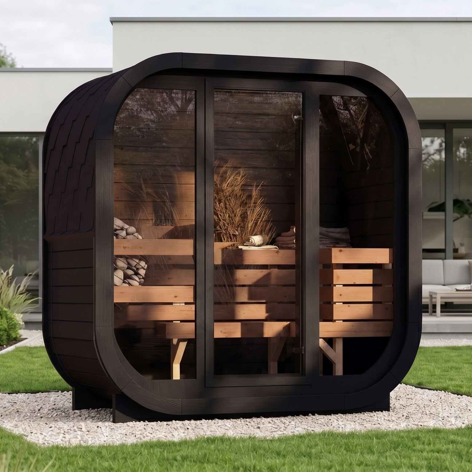 2-osobowa zewnętrzna premium sauna z drewna termicznego w zestawie - edycja SKOG | Dom i ogród | Zawiera piec Harvia, oświetlenie LED i ochronę SupiOil
