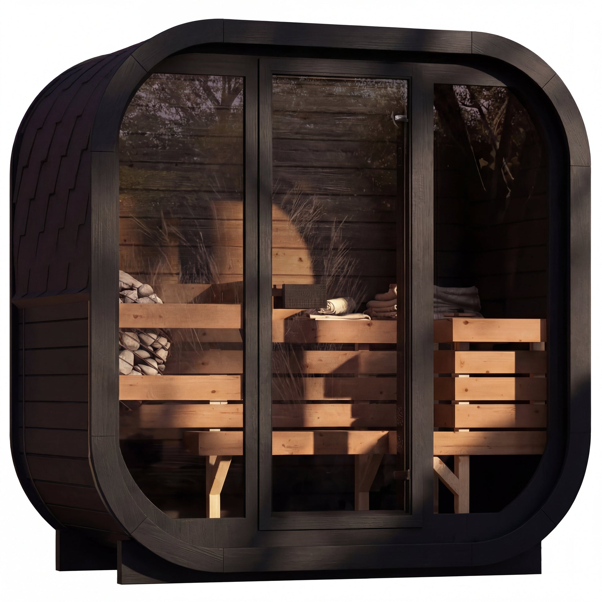2-osobowa zewnętrzna premium sauna z drewna termicznego w zestawie - edycja SKOG | Dom i ogród | Zawiera piec Harvia, oświetlenie LED i ochronę SupiOil