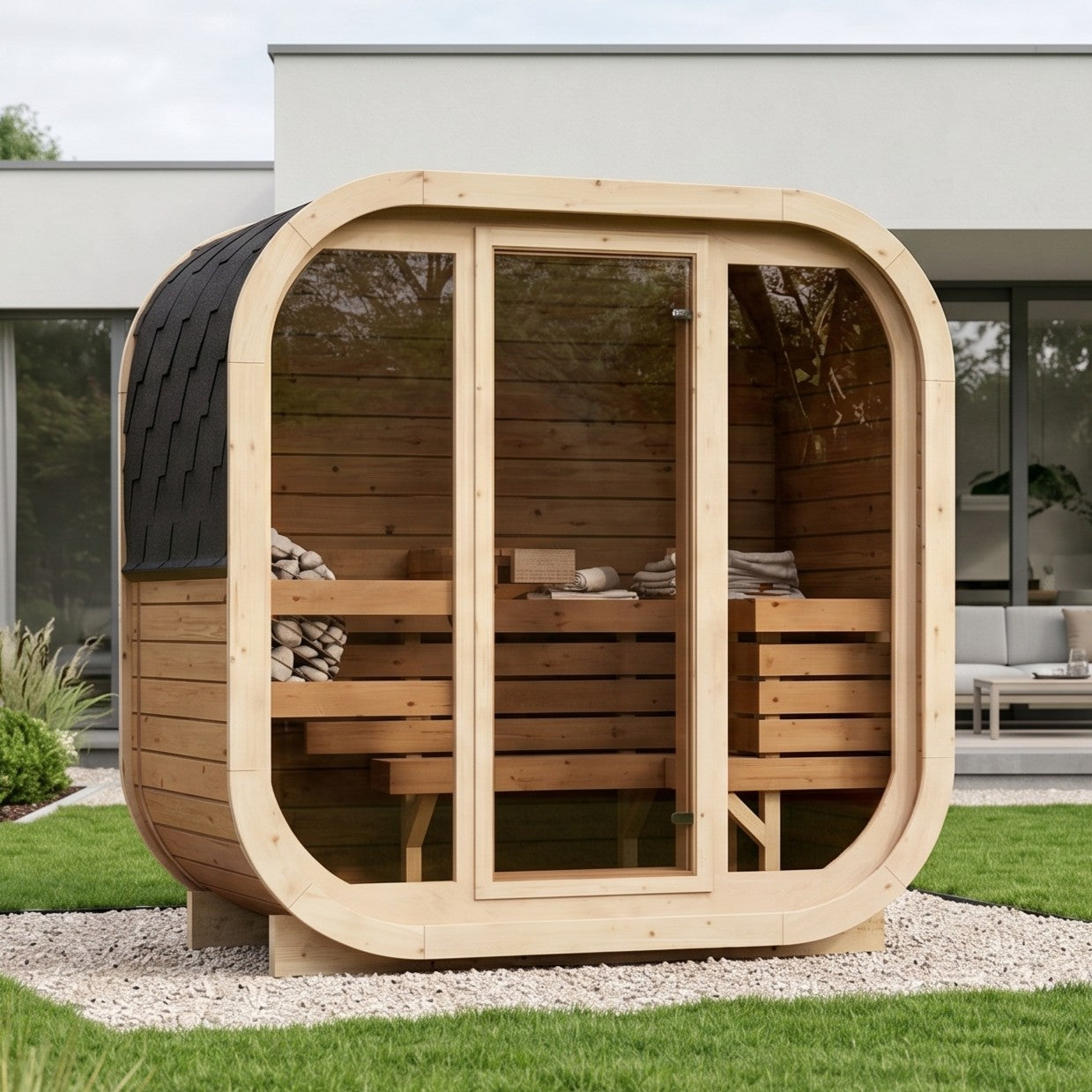 2-osobowa zewnętrzna premium sauna z drewna termicznego w zestawie - edycja SKOG | Dom i ogród | Zawiera piec Harvia, oświetlenie LED i ochronę SupiOil