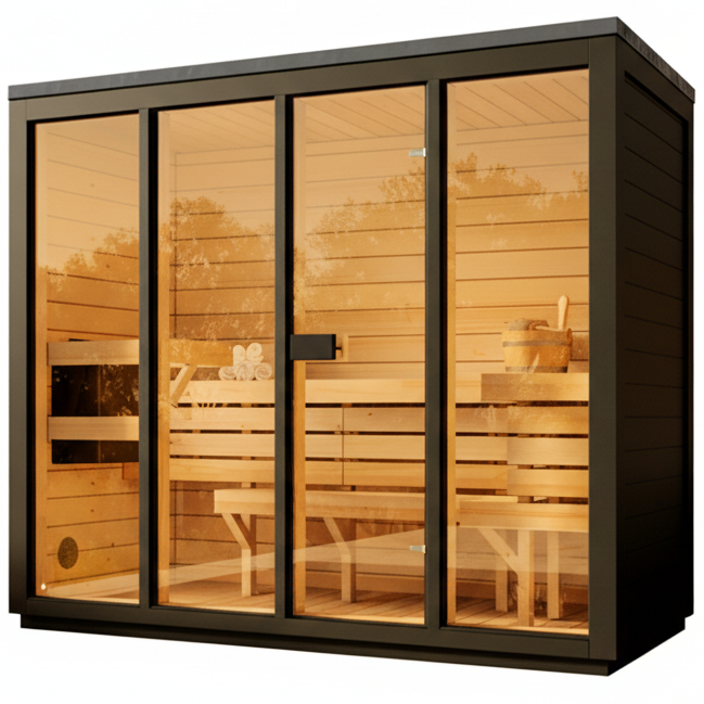 SaunaSupply 4 Person Outdoor Thermowood Cube Sauna - ELLA XL Black Edition | Includes Heater & Accessories