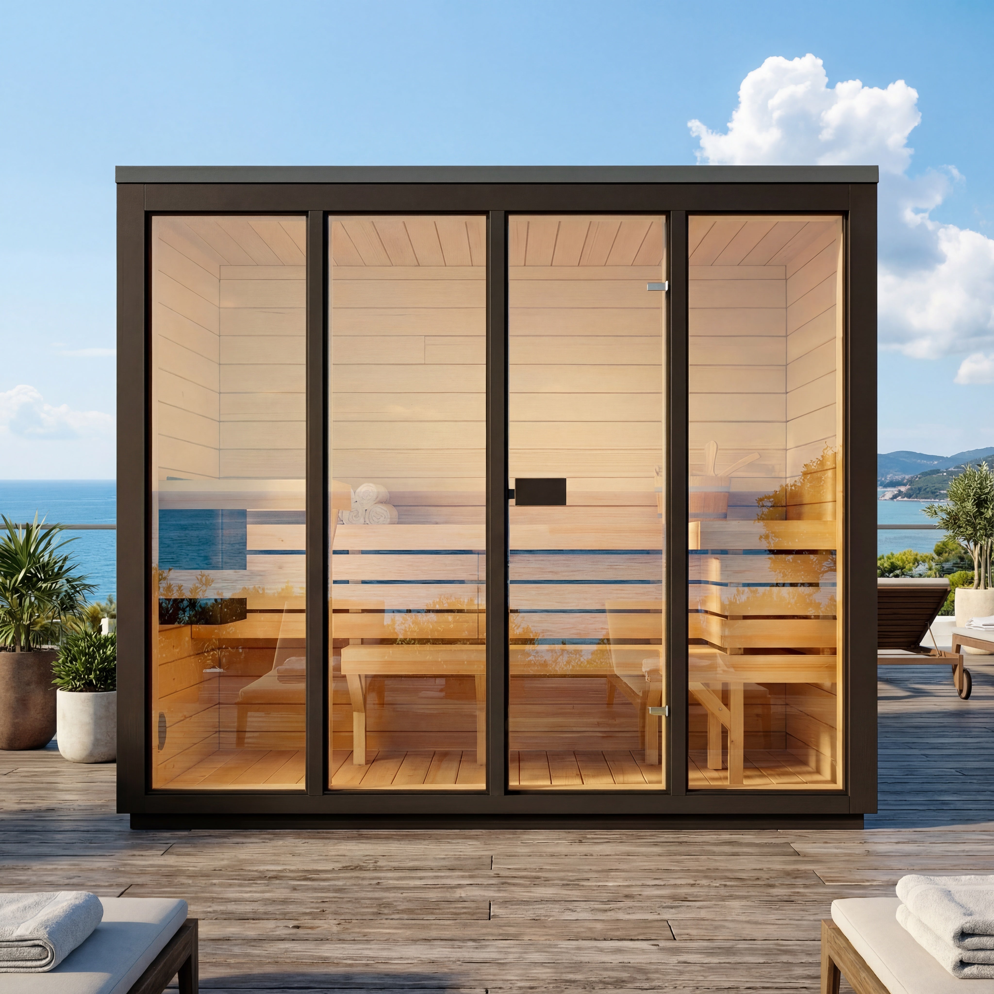 SaunaSupply 4 Person Outdoor Thermowood Cube Sauna - ELLA XL Black Edition | Includes Heater & Accessories