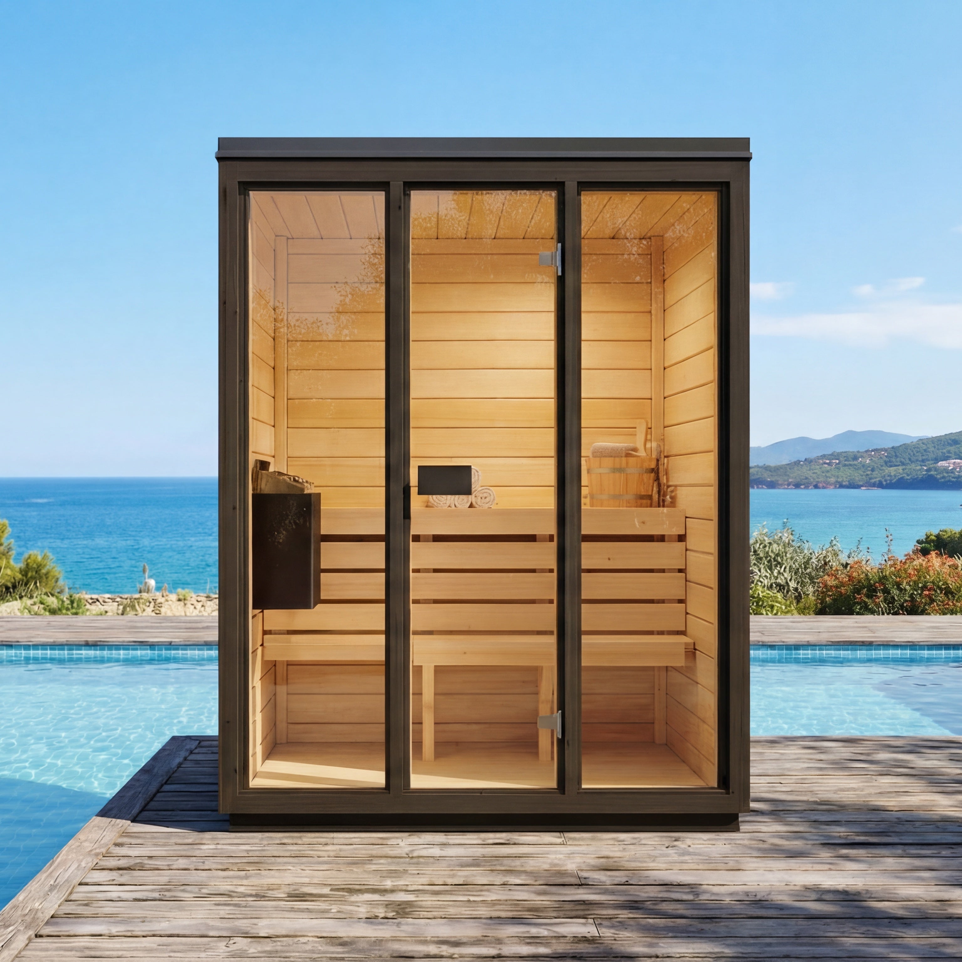 SaunaSupply 3-4 Person Outdoor Thermowood Cube Sauna - ELLA Black Edition | Includes Heater & Accessories