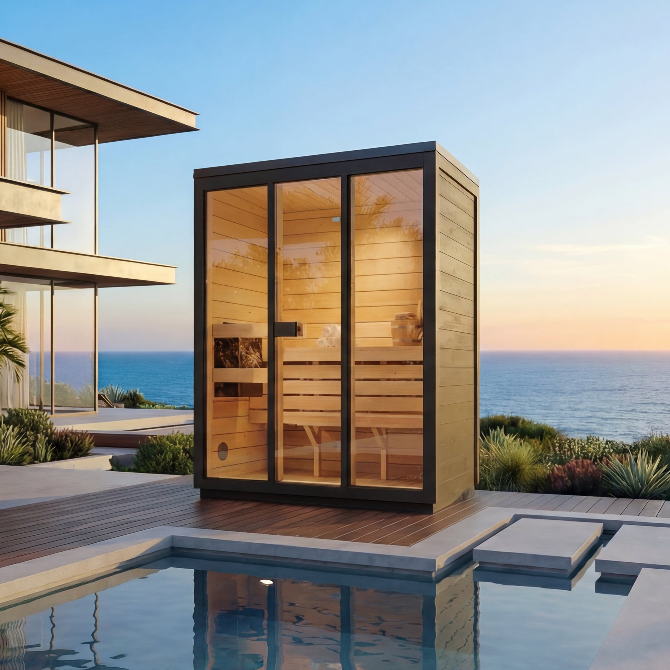 SaunaSupply 3-4 Person Outdoor Thermowood Cube Sauna - ELLA Black Edition | Includes Heater & Accessories