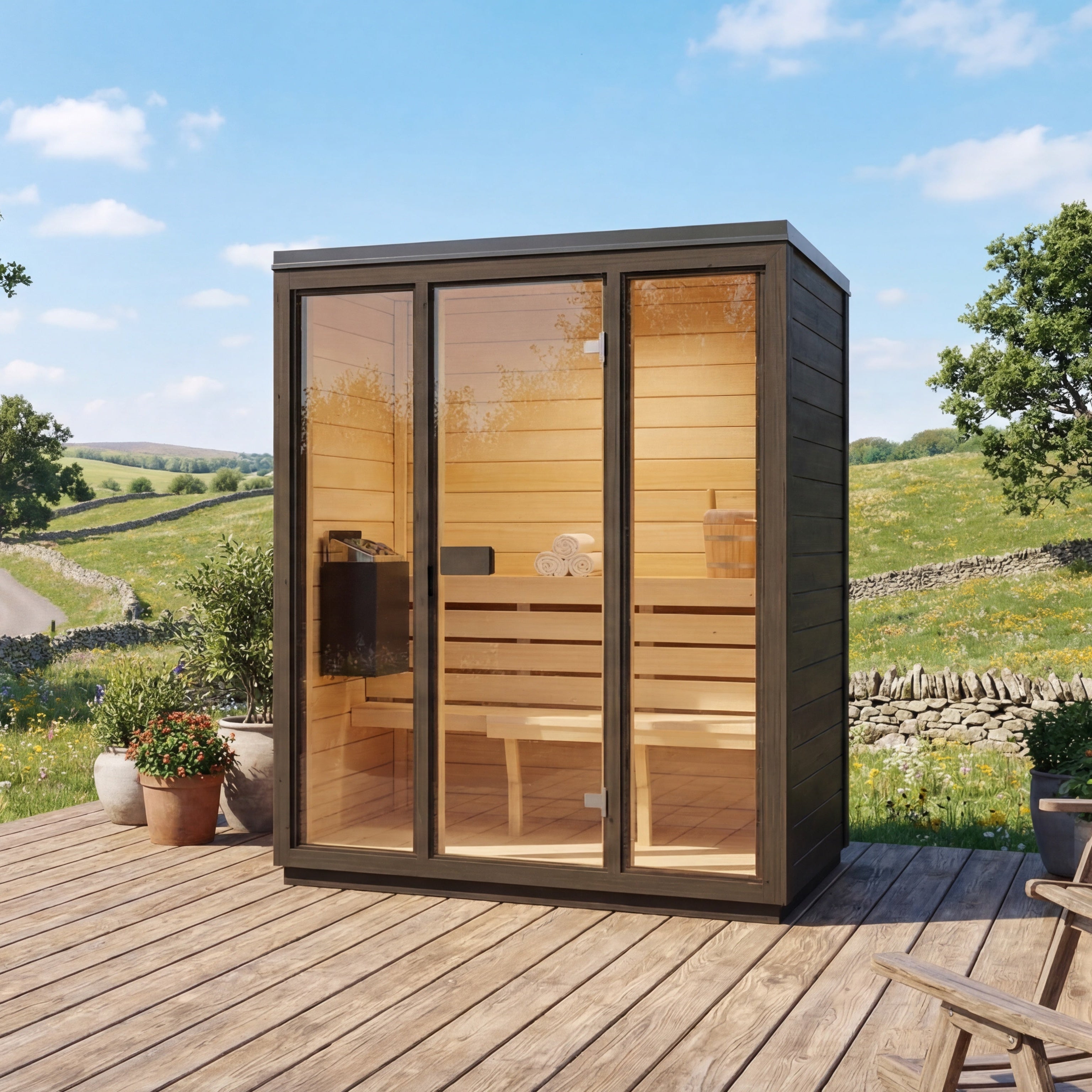 SaunaSupply 3-4 Person Outdoor Thermowood Cube Sauna - ELLA Black Edition | Includes Heater & Accessories