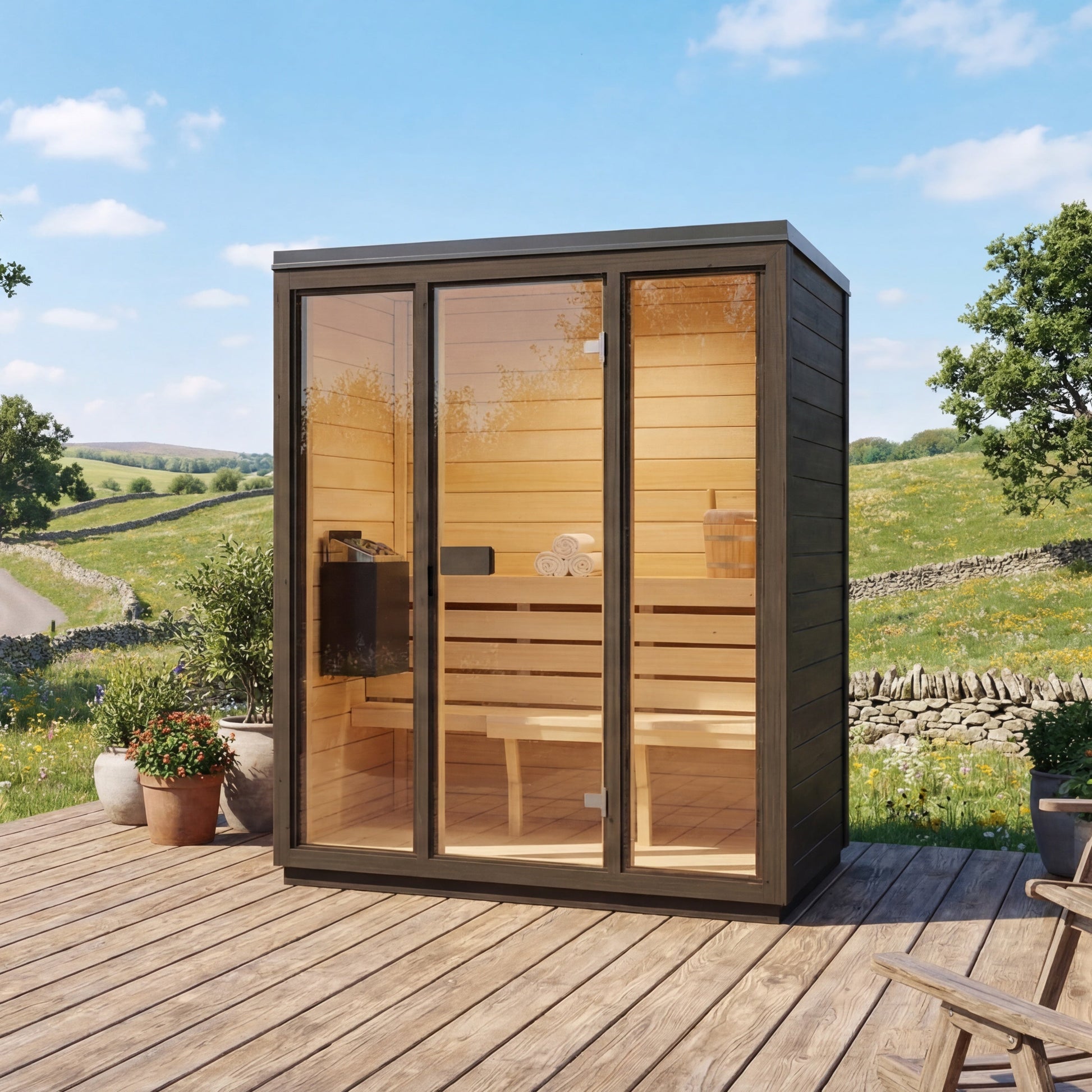 SaunaSupply 3-4 Person Outdoor Thermowood Cube Sauna - ELLA Black Edition | Includes Heater & Accessories