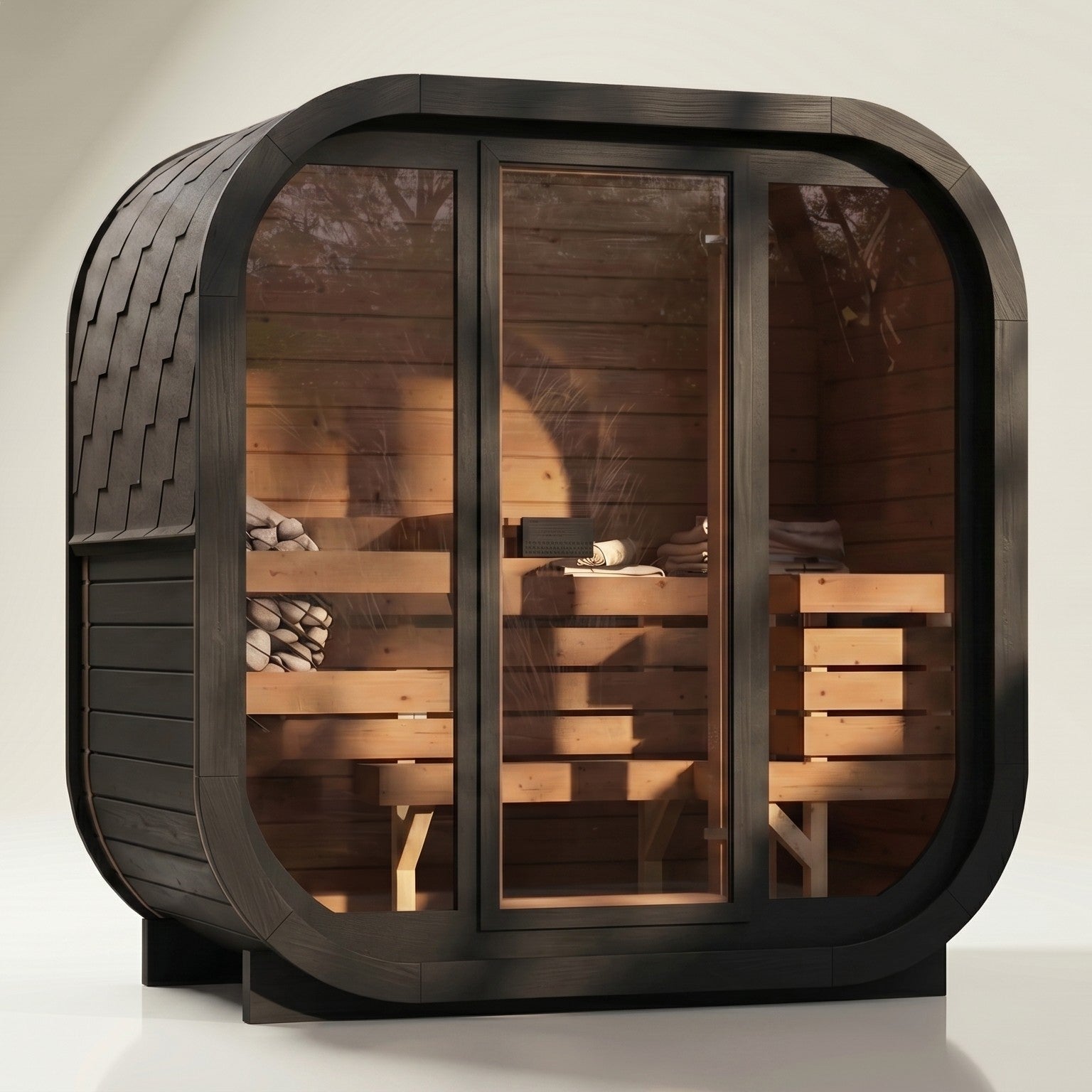 2-osobowa zewnętrzna premium sauna z drewna termicznego w zestawie - edycja SKOG | Dom i ogród | Zawiera piec Harvia, oświetlenie LED i ochronę SupiOil