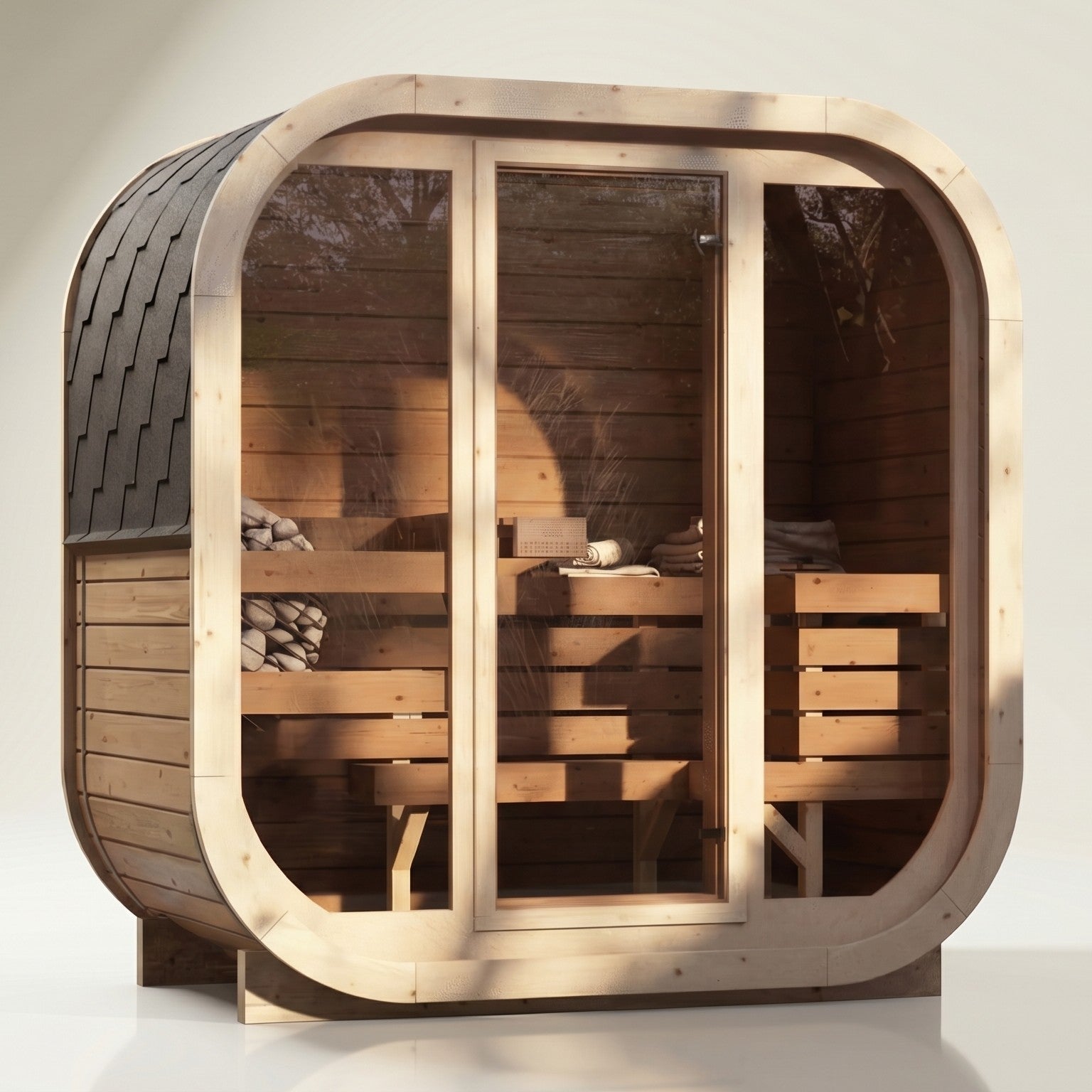 2-osobowa zewnętrzna premium sauna z drewna termicznego w zestawie - edycja SKOG | Dom i ogród | Zawiera piec Harvia, oświetlenie LED i ochronę SupiOil